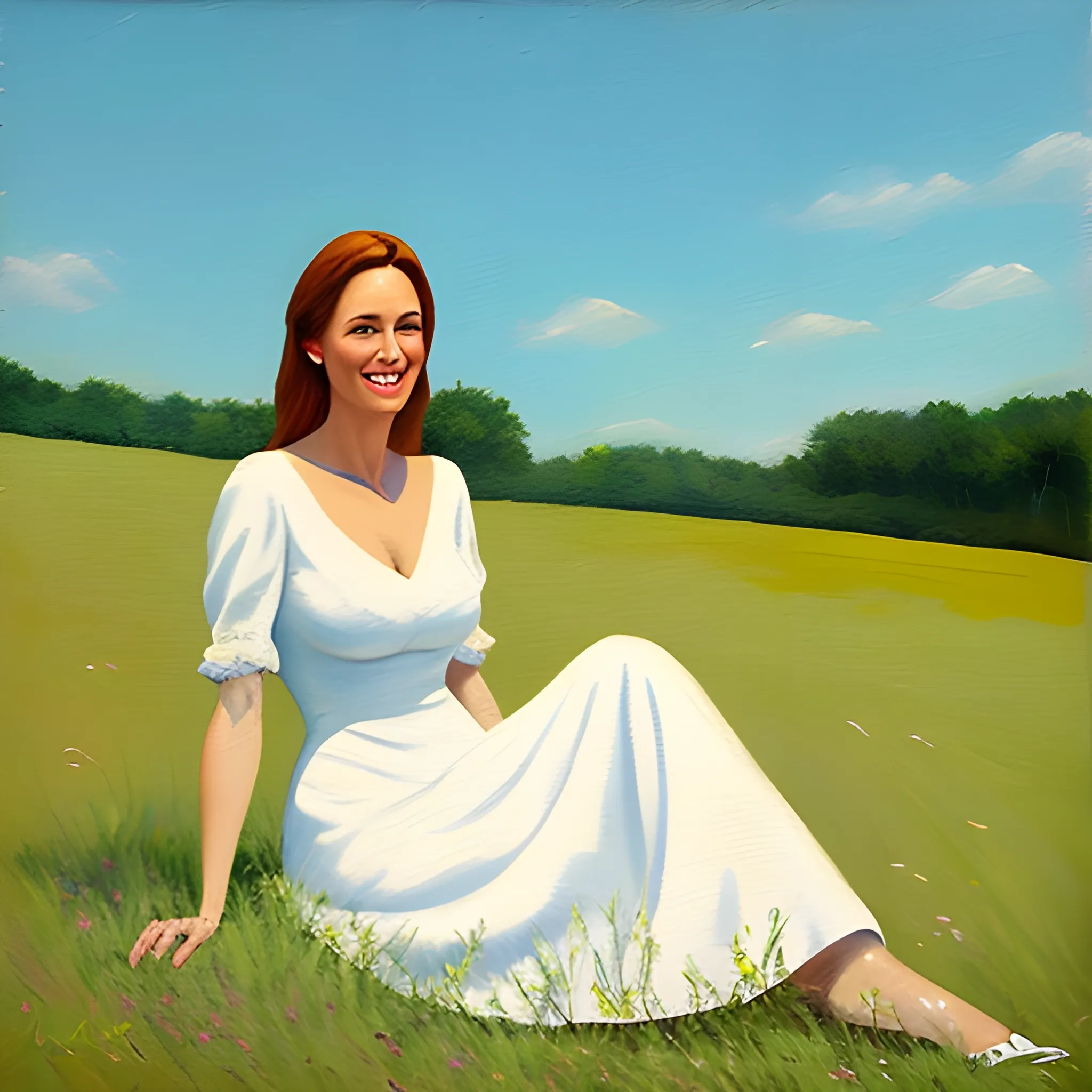 
Under the sunshine, the little girl in a white dress smiled on the grass

, Oil Painting, Oil Painting