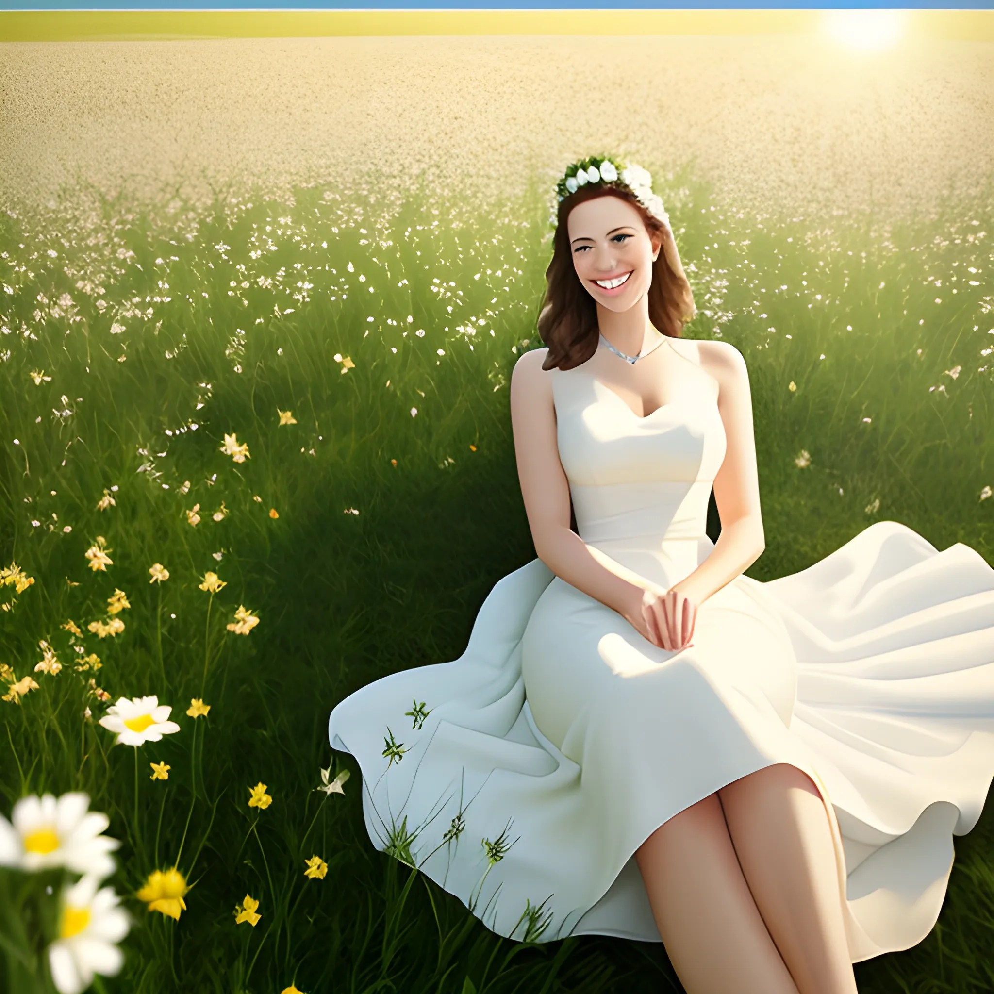 
Under the sunshine, the little girl in a white dress smiled on the grass

, Realistic images

