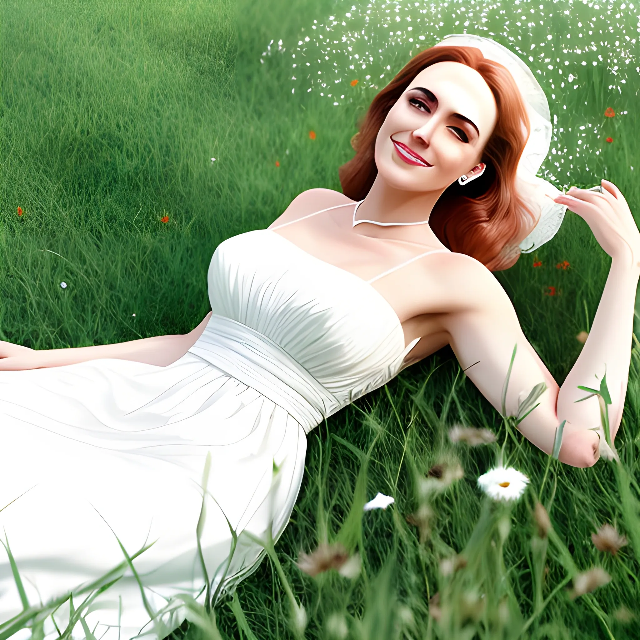 
Under the sunshine, the little girl in a white dress smiled on the grass

, Realistic images, photography

