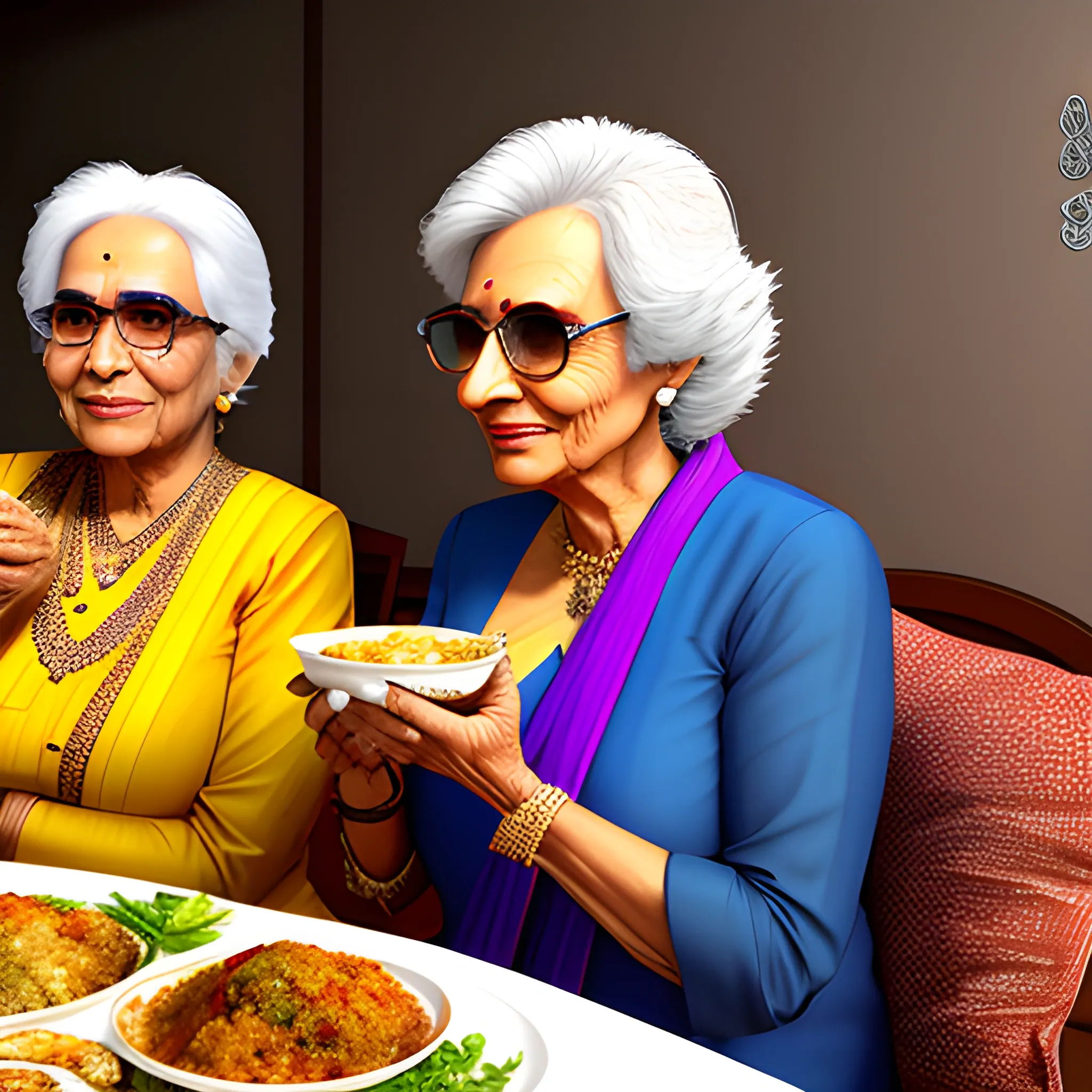 Grandmother and granddaughter at huderabad eating biryani, 3D