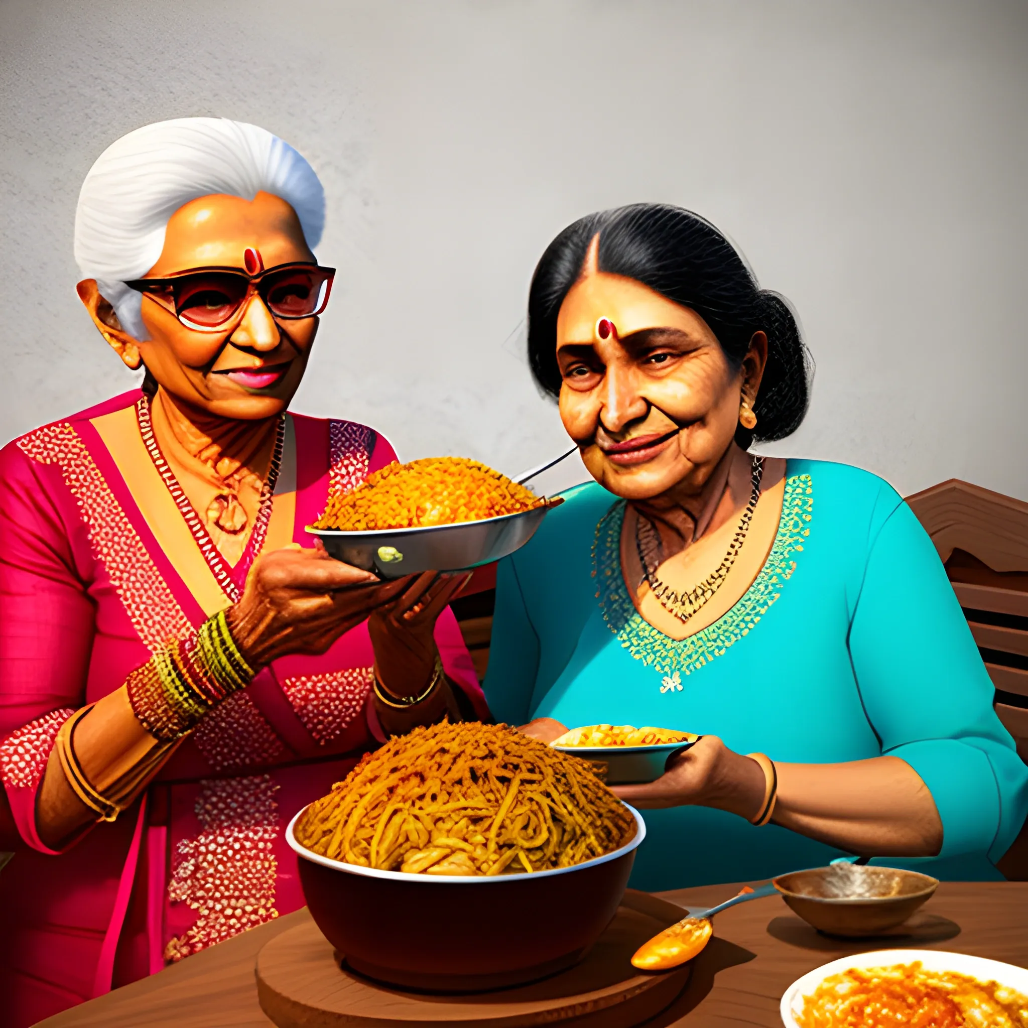 Grandmother and daughter at huderabad eating biryani, 3D