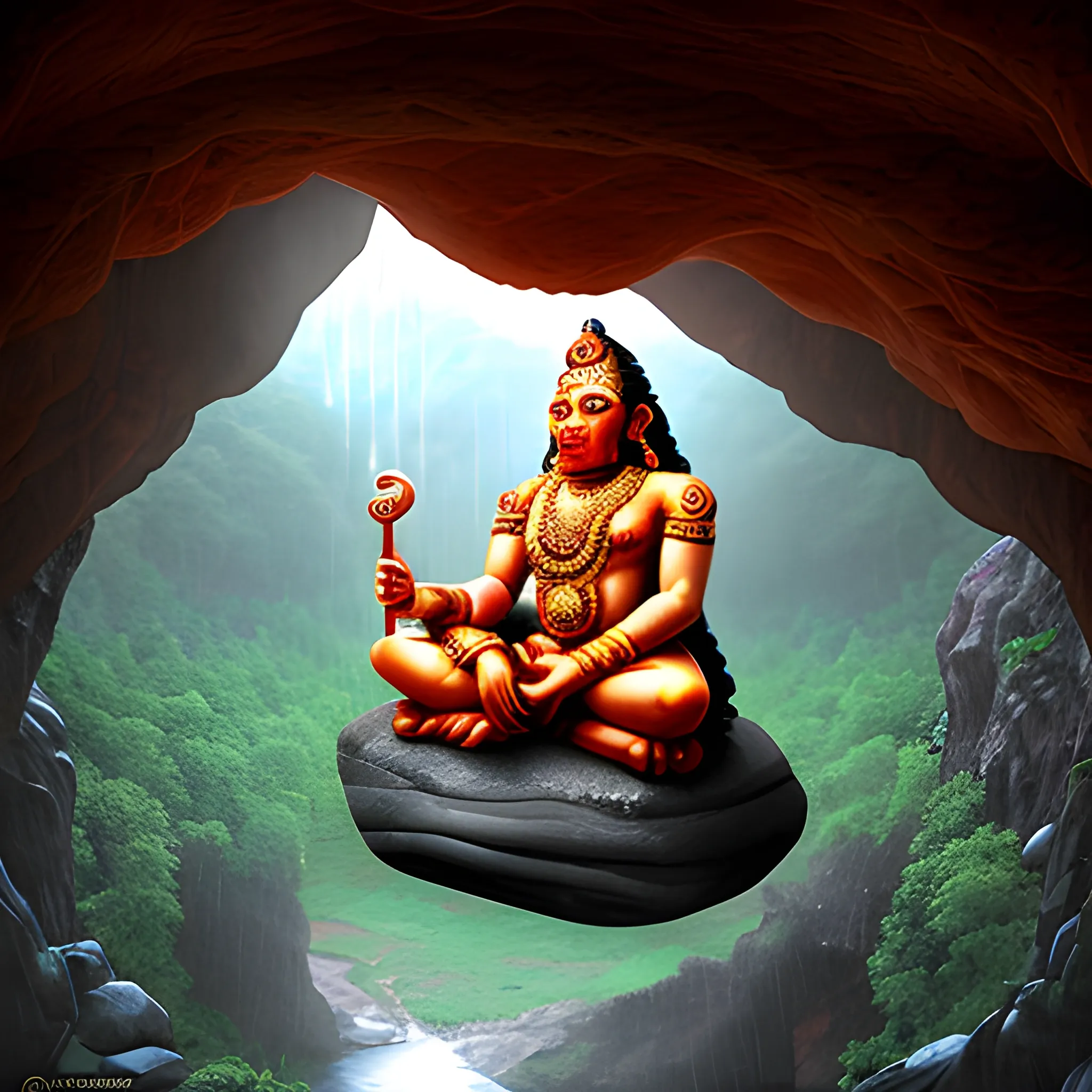 lord Hanuman sitting between a cave and beautiful rainfall in it 
, 3D realestic, Trippy