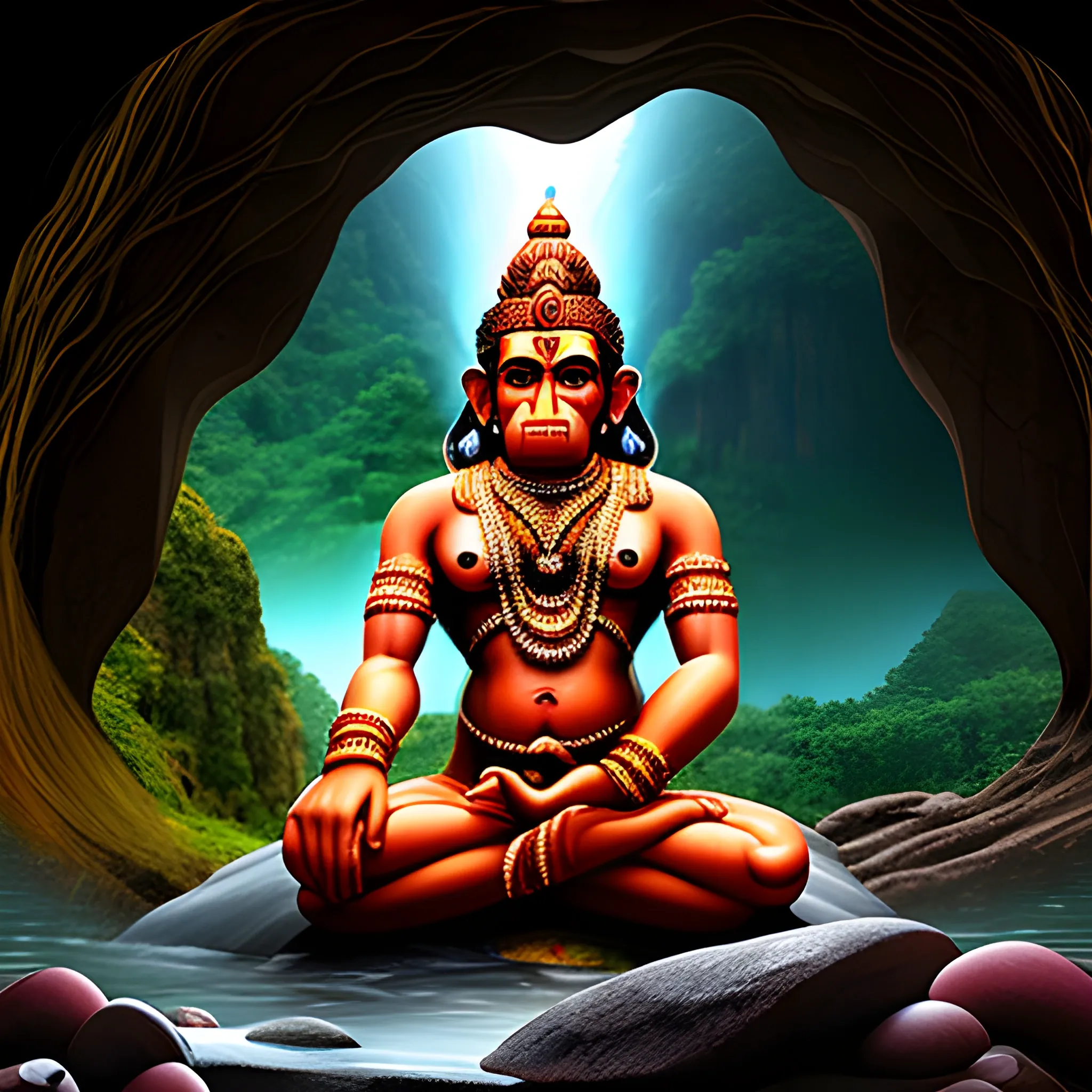 lord Hanuman sitting between a cave and beautiful rainfall in it 
, 3D realestic, Trippy