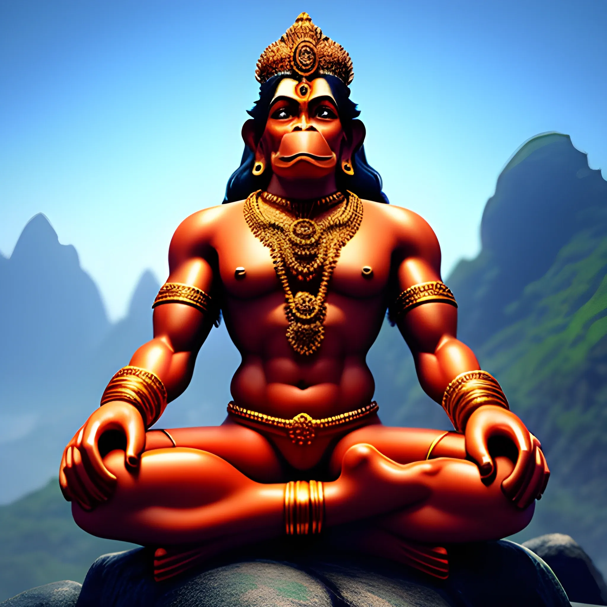 Generate an 8K image of Lord Hanuman, the Hindu deity, portrayed as a toddler-like and cute figure & Sitting under the cave. Depict Hanuman as a king adorned with majestic jewelry. Ensure that Lord Krishna's facial features reflect a playful and endearing expression. The image should radiate warmth, kindness, and divinity. Please pay attention to the intricate details of the jewelry, including crowns, necklaces, bracelets, and earrings, and realistic, body, hole body blue, making them look regal and captivating. The final result should be a high-resolution, adorable image of Lord Krishna, reminiscent of his divine presence with his entire body. lord Hanuman sitting between a cave and beautiful rainfall in it 
, 3D realistic, Trippy