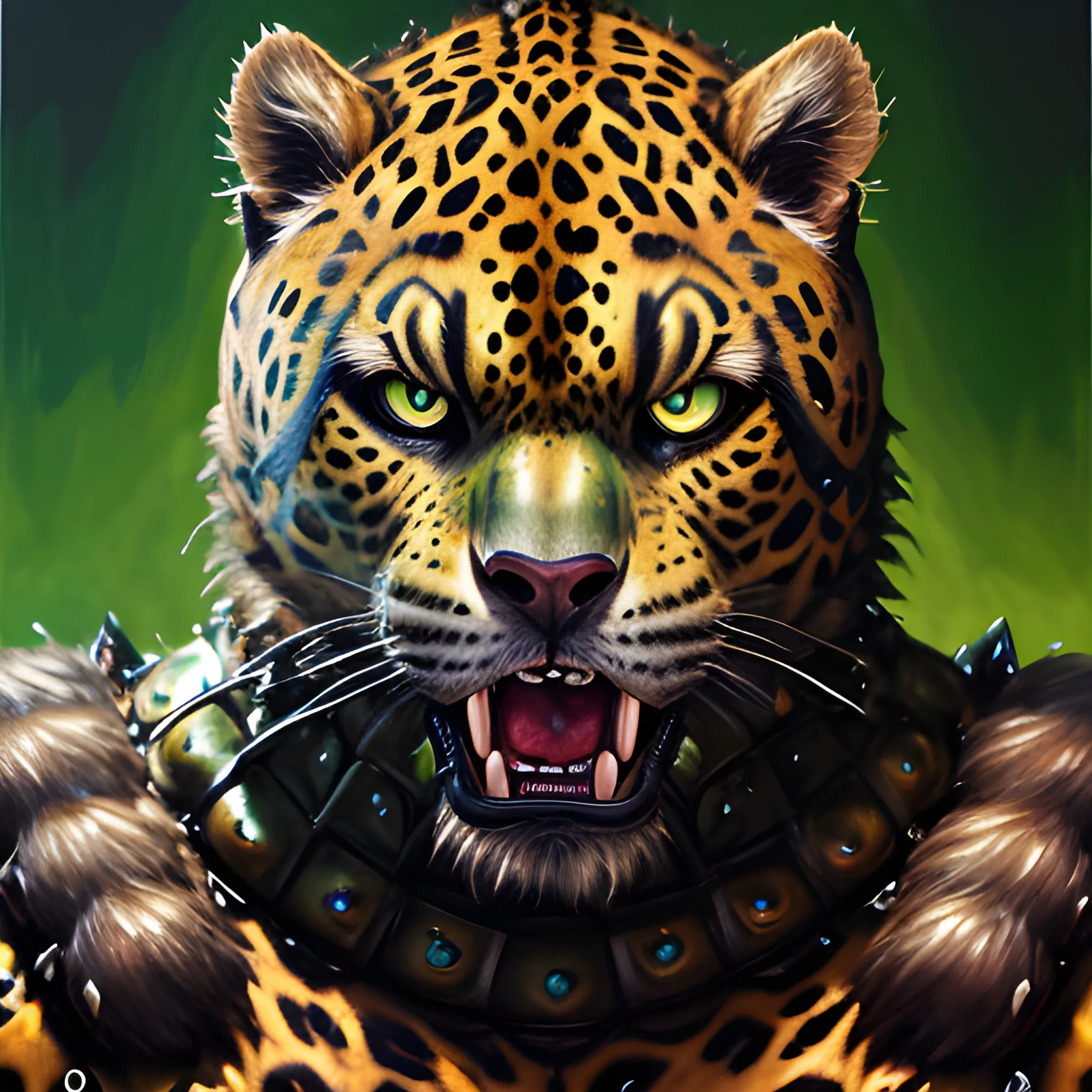 Ultra-Realistic lean, thin Athletic build, full furred body, male furry jaguar warrior with green eyes, weilding two scimitars, rough leather armor.  Snarling, Trippy, Oil Painting, angry, detailed fur