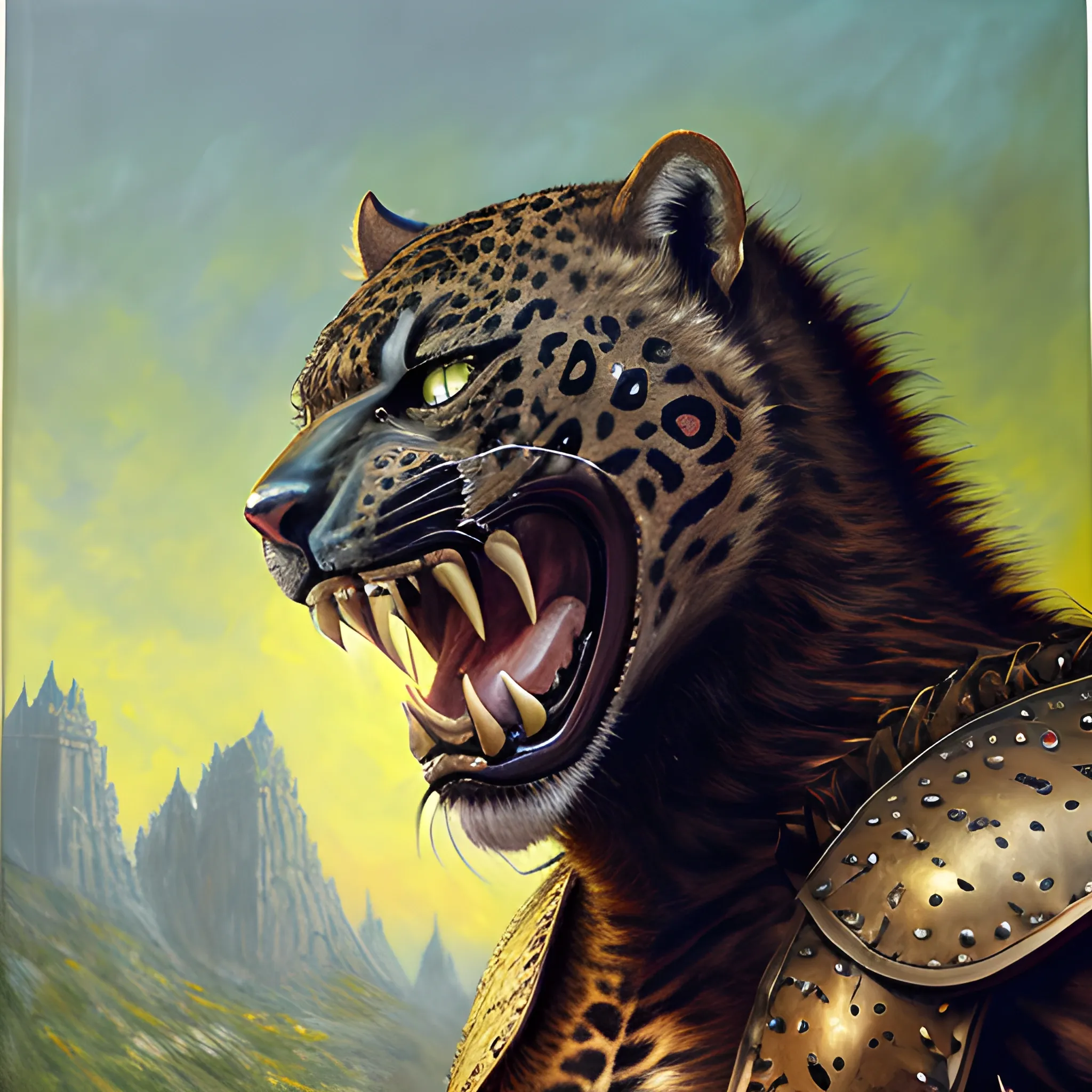 Ultra-Realistic lean, thin Athletic build, full furred body, male furry jaguar warrior with green eyes, weilding two scimitars, wearing leather armor.  Snarling, Trippy, Oil Painting, angry, detailed fur