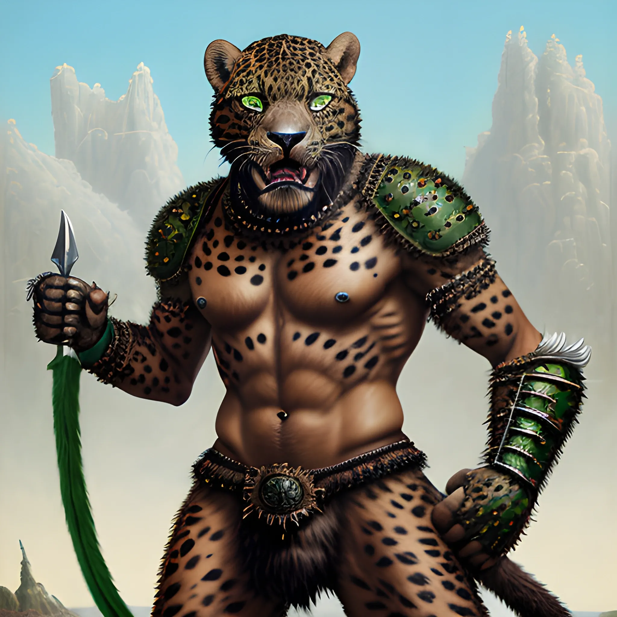 Ultra-Realistic lean, thin Athletic build, full furred body, male furry jaguar warrior with green eyes, weilding two scimitars, wearing leather armor.  Snarling, Trippy, Oil Painting, stoic, detailed fur, tail