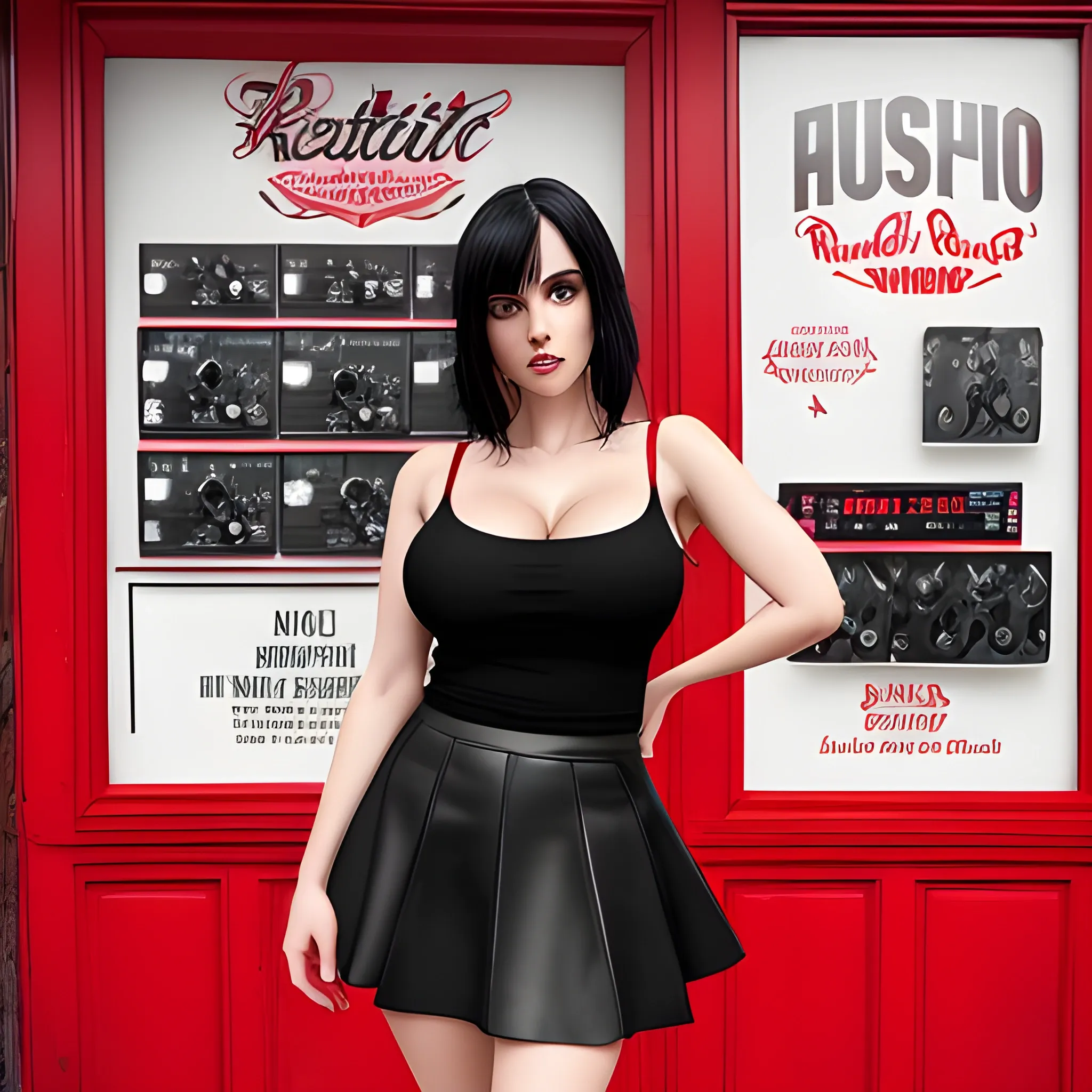 Realistic, true aesthetics, stylish fashion shot of a beautiful black haired woman, beautiful big breast, posing in front of a music store. wearing very high heeled red shoes, wearing a tight short red skirt, wearing a tight black top, Highly detailed, highest quality