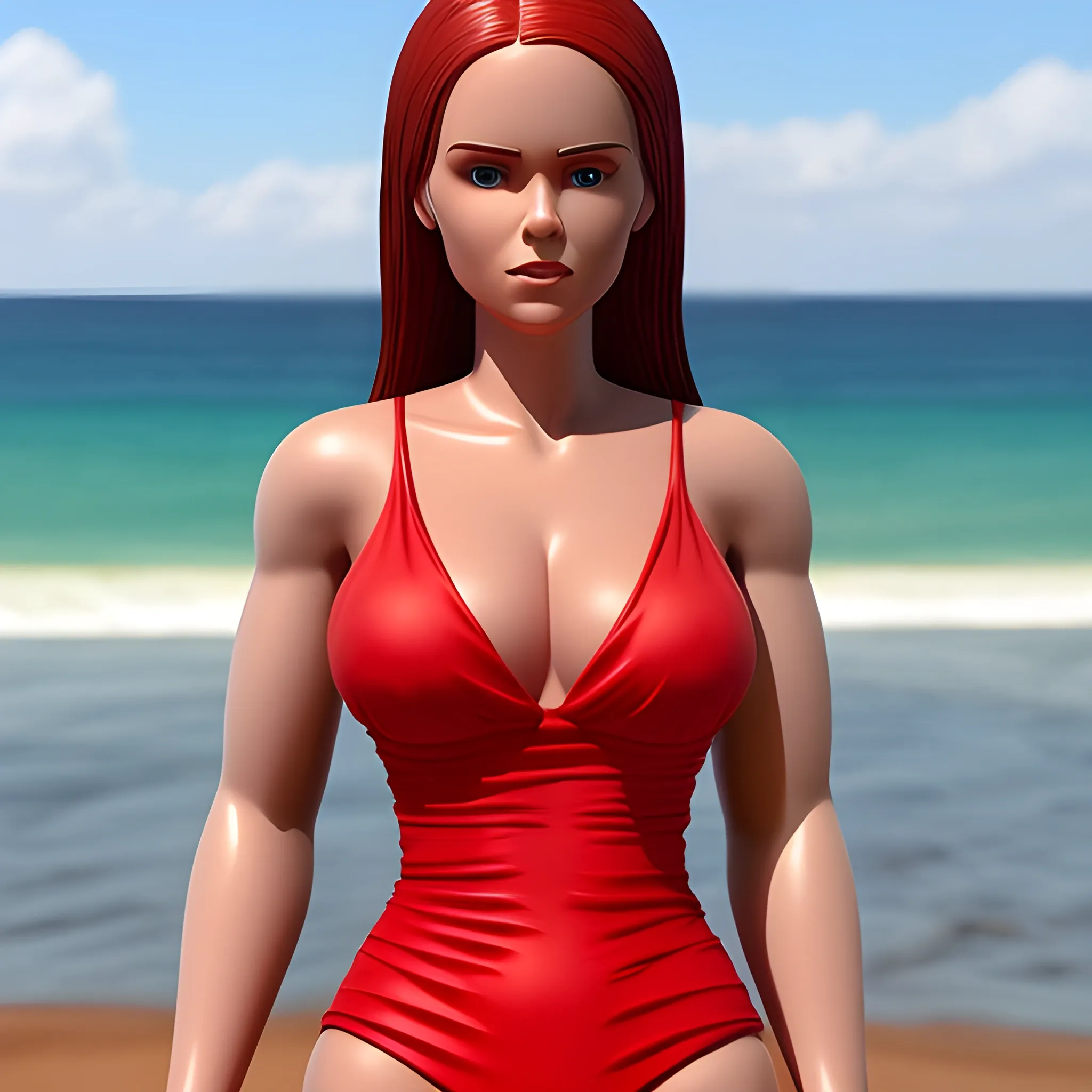 A woman in a red dress swimsuit, very realistic, highly detailed, boosty
