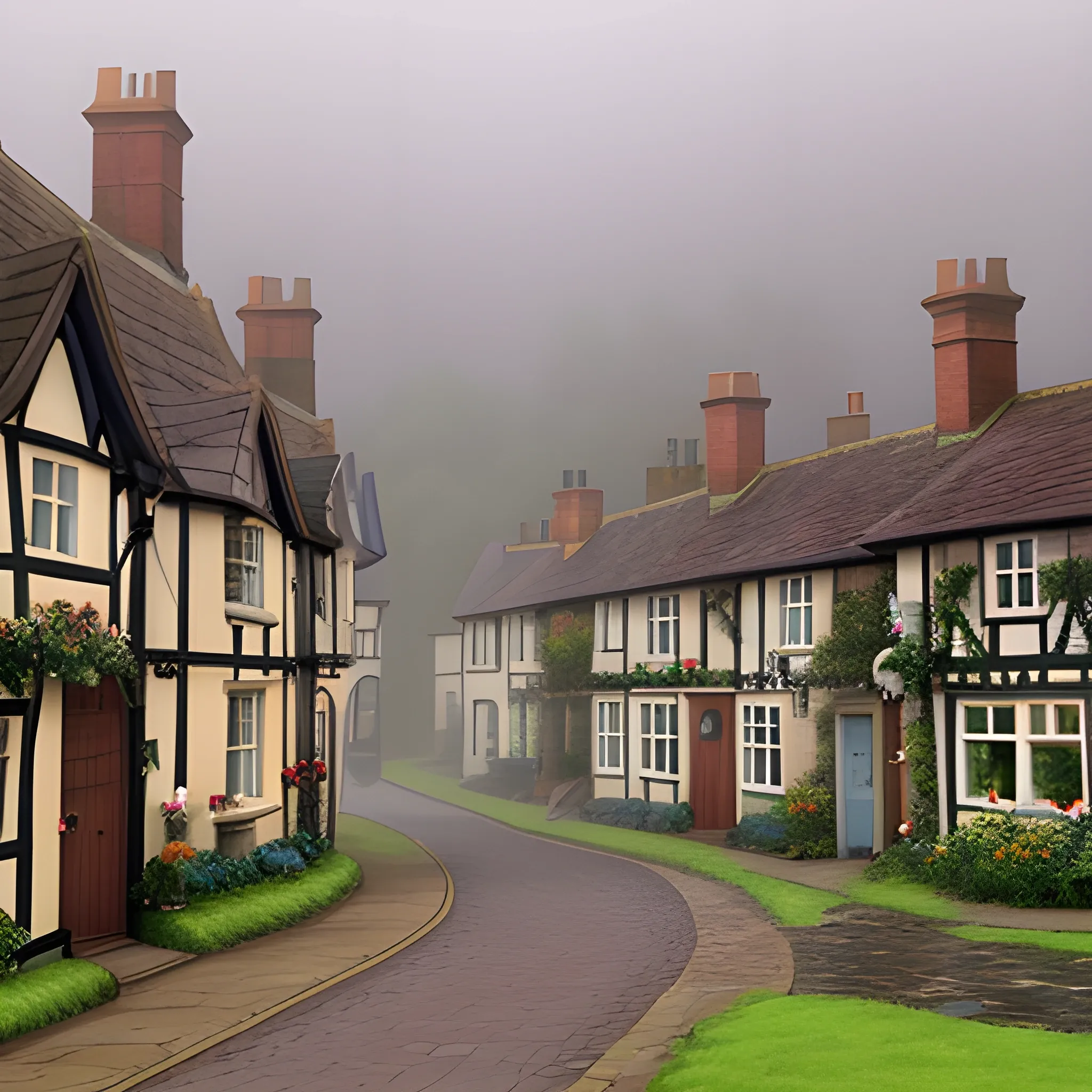 Foggy British village in the style of the professor Layton games