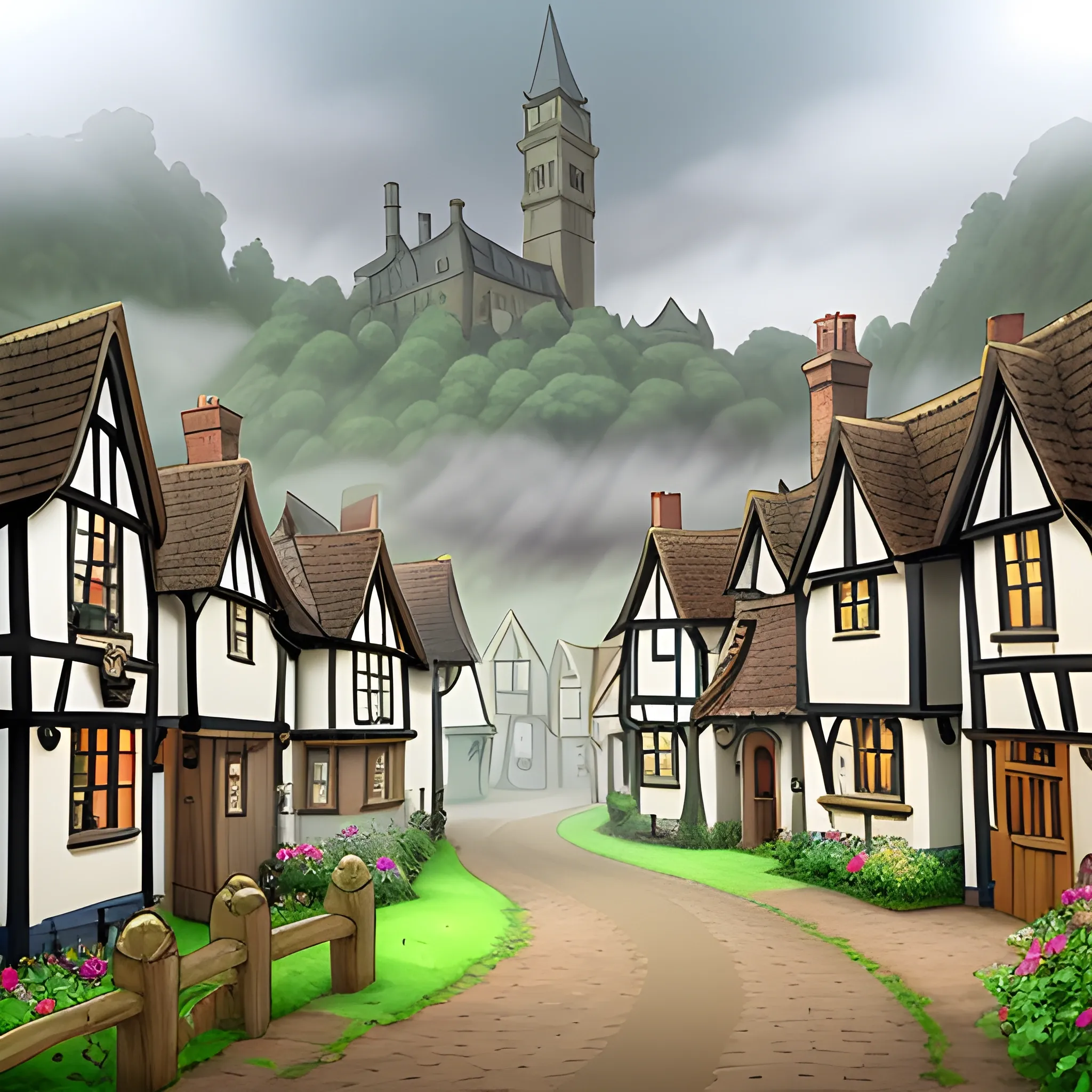 Foggy British village in the style of the professor Layton games, Cartoon