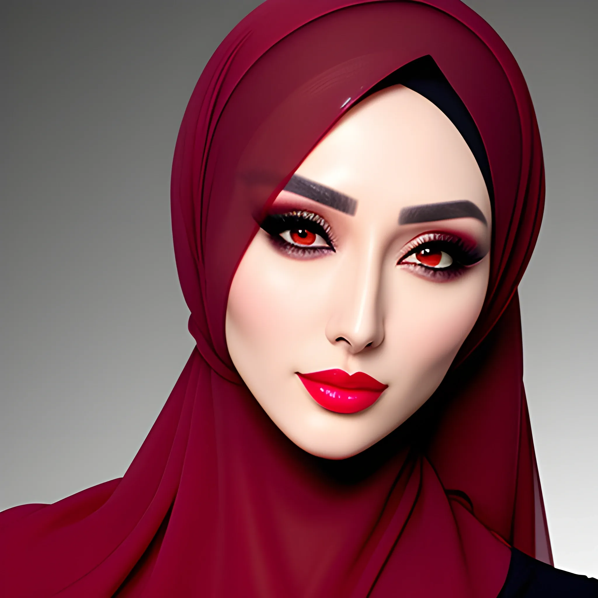 4k, best quality, hijab, 1girl, skinny figure, heavy makeup, sharp focus, soft lighting, hijab, red eyes