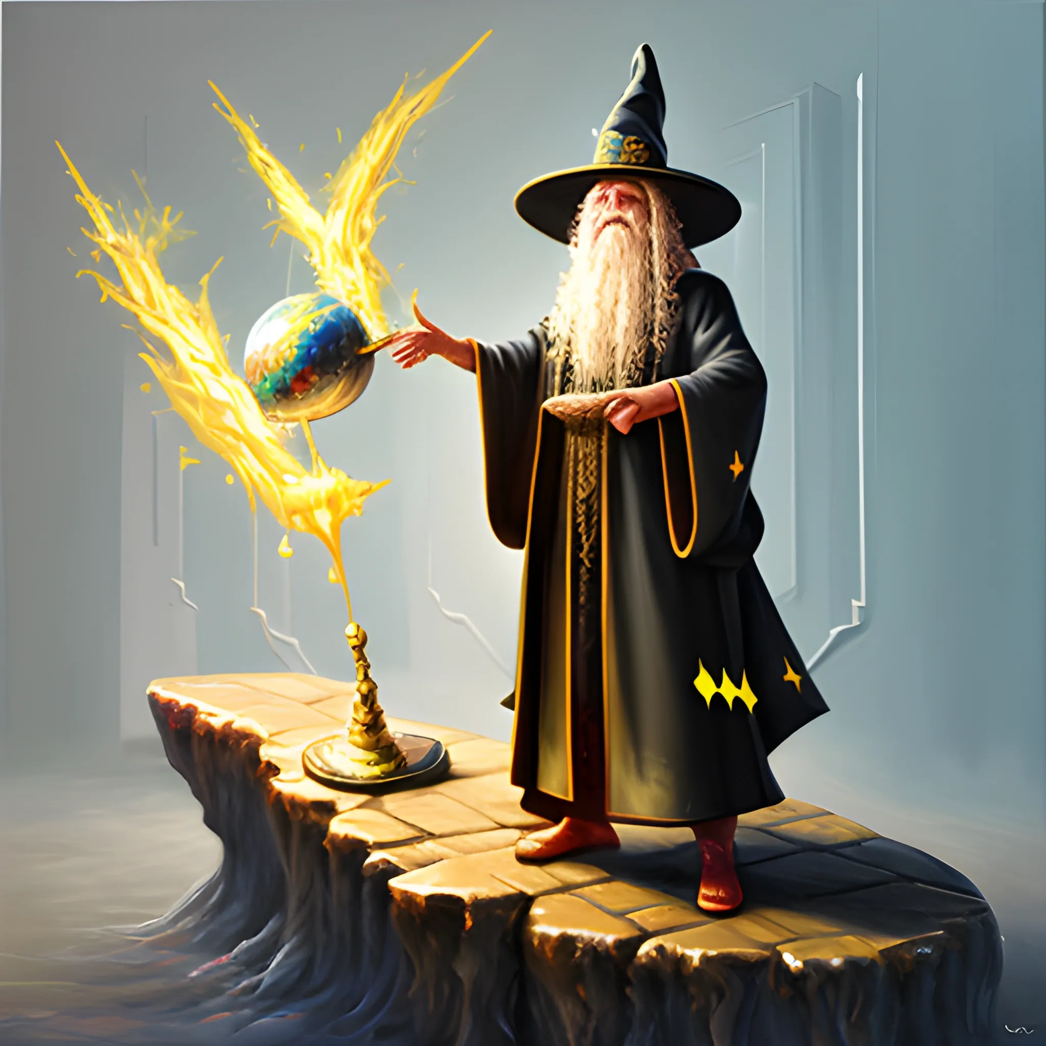 , 3D, Oil Painting, wizard with big wizard hat, large robes, 