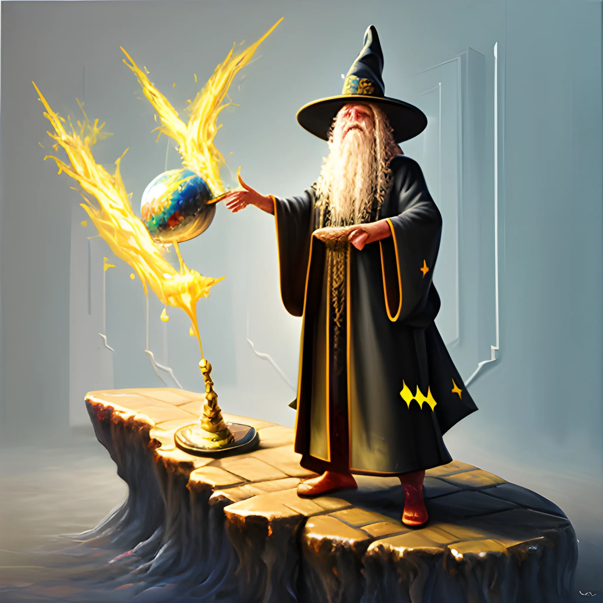 , 3D, Oil Painting, wizard with big wizard hat, large robes, - Arthub.ai