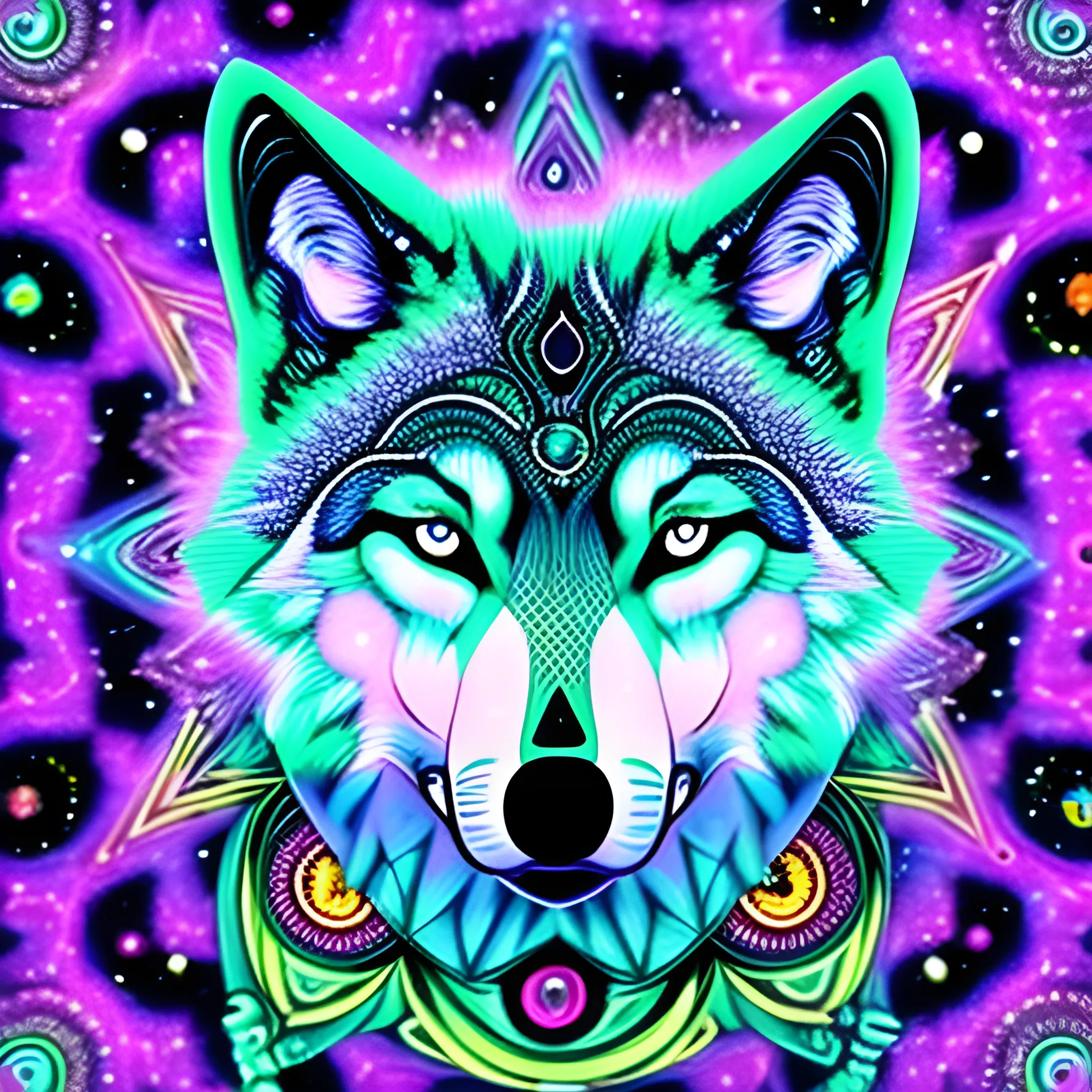 , Trippy wolf in a cosmic mandela setting and a third eye