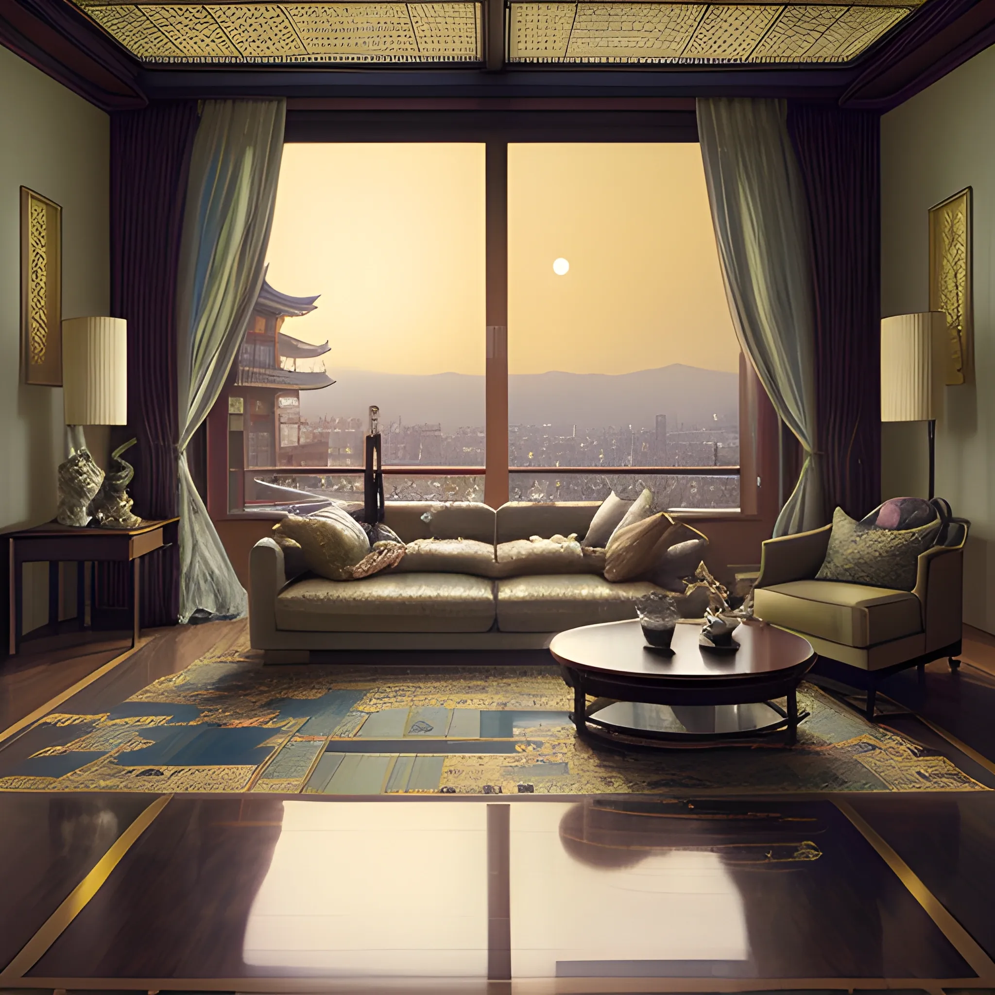 A modern Penthouse living room overlooking Japan, at nighttime, hyperrealistic micro detail, intricate carpet flooring, L.E.D lighting, elegant Alphonse mucha wall art, highly detailed furniture, Centred, digital painting, artstation, smooth, sharp focus, Tomasz Alen kopera, wlop , Paul lehr,