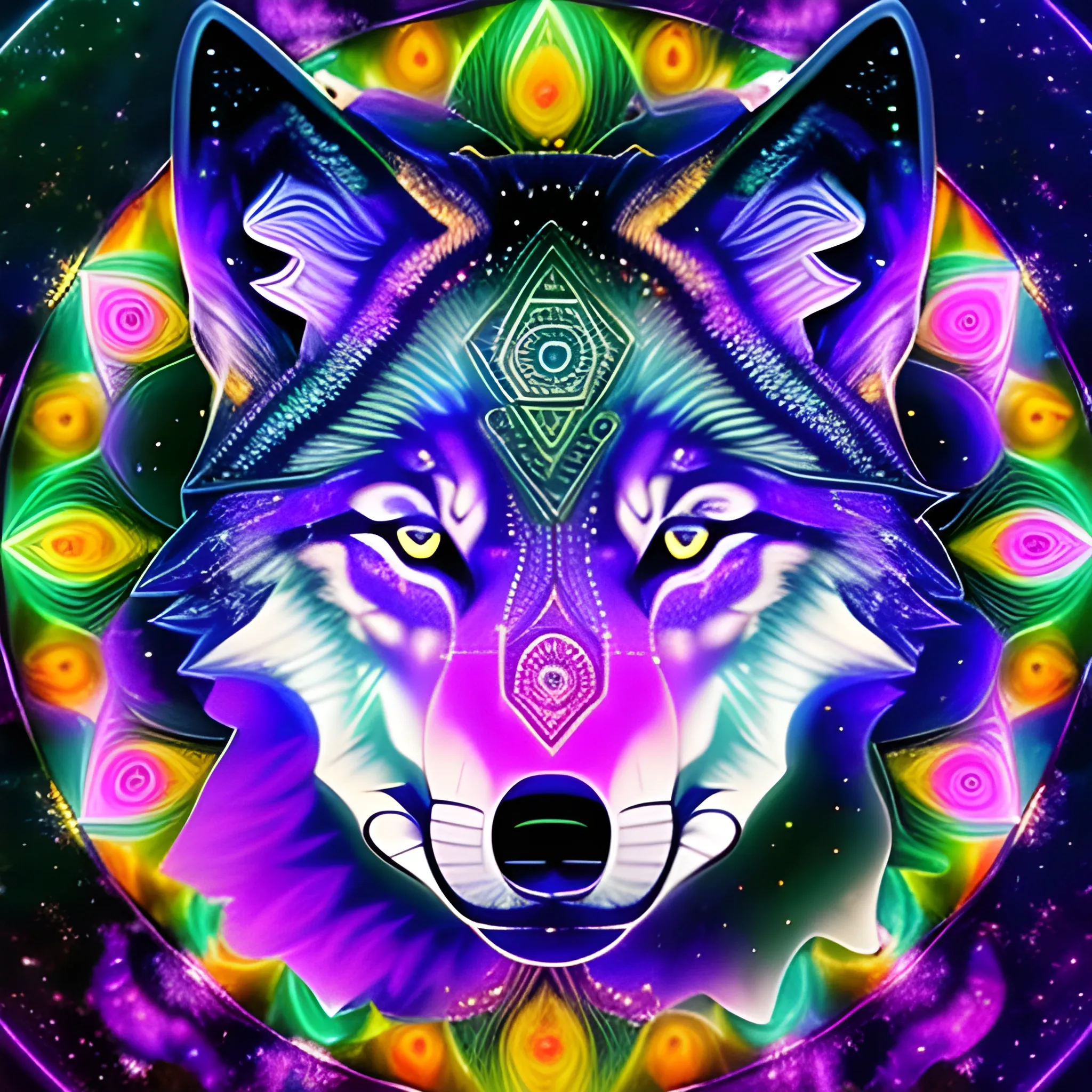 Trippy semi-transparent wolf in a galactic mandela setting, the wolf has a third eye. It's eyes are glowing and opaque. The seven chakra points are distributed the length of the wolf. 