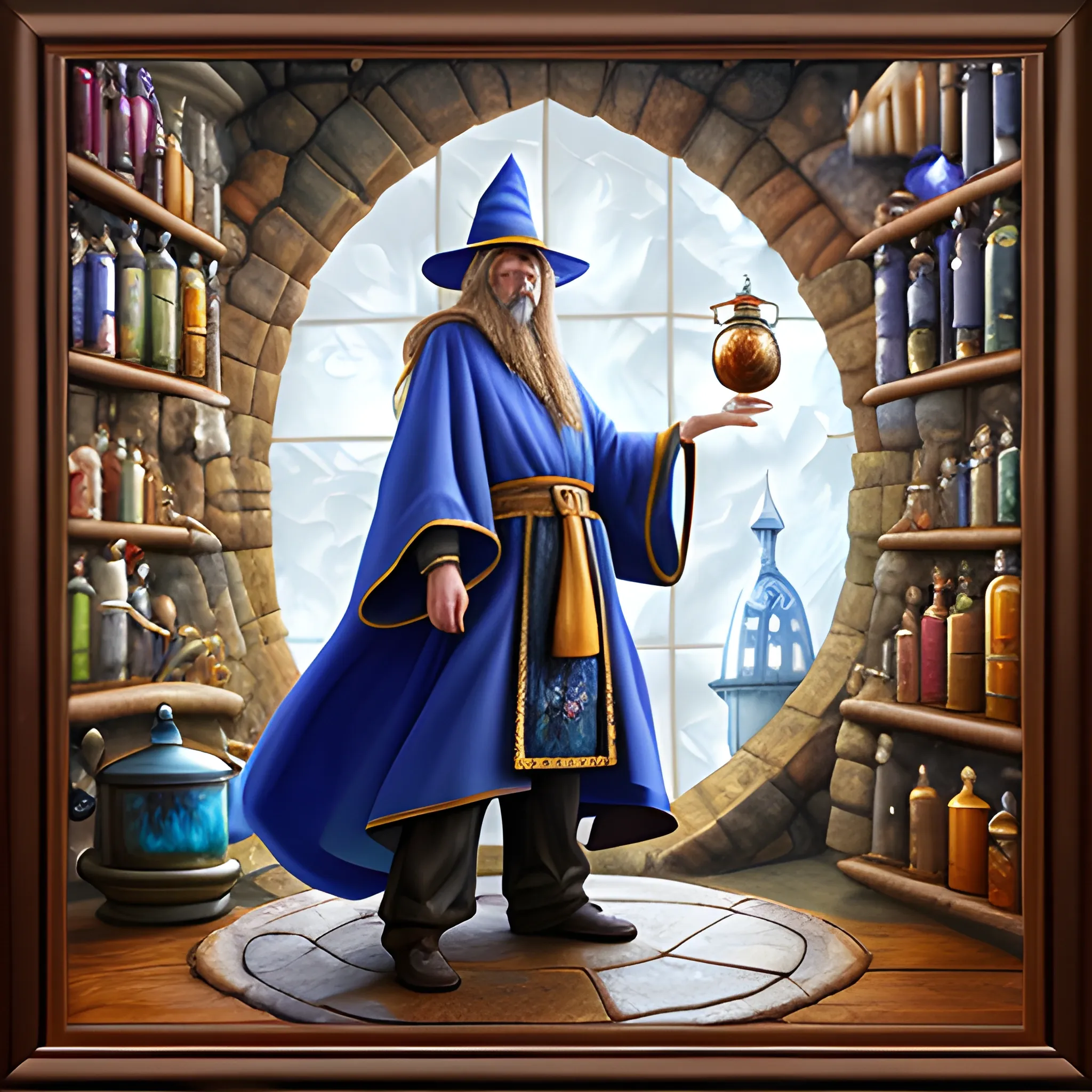 , 3D, Oil Painting, wizard with big wizard hat, large robes, in wizard tower looking out, conducting potions