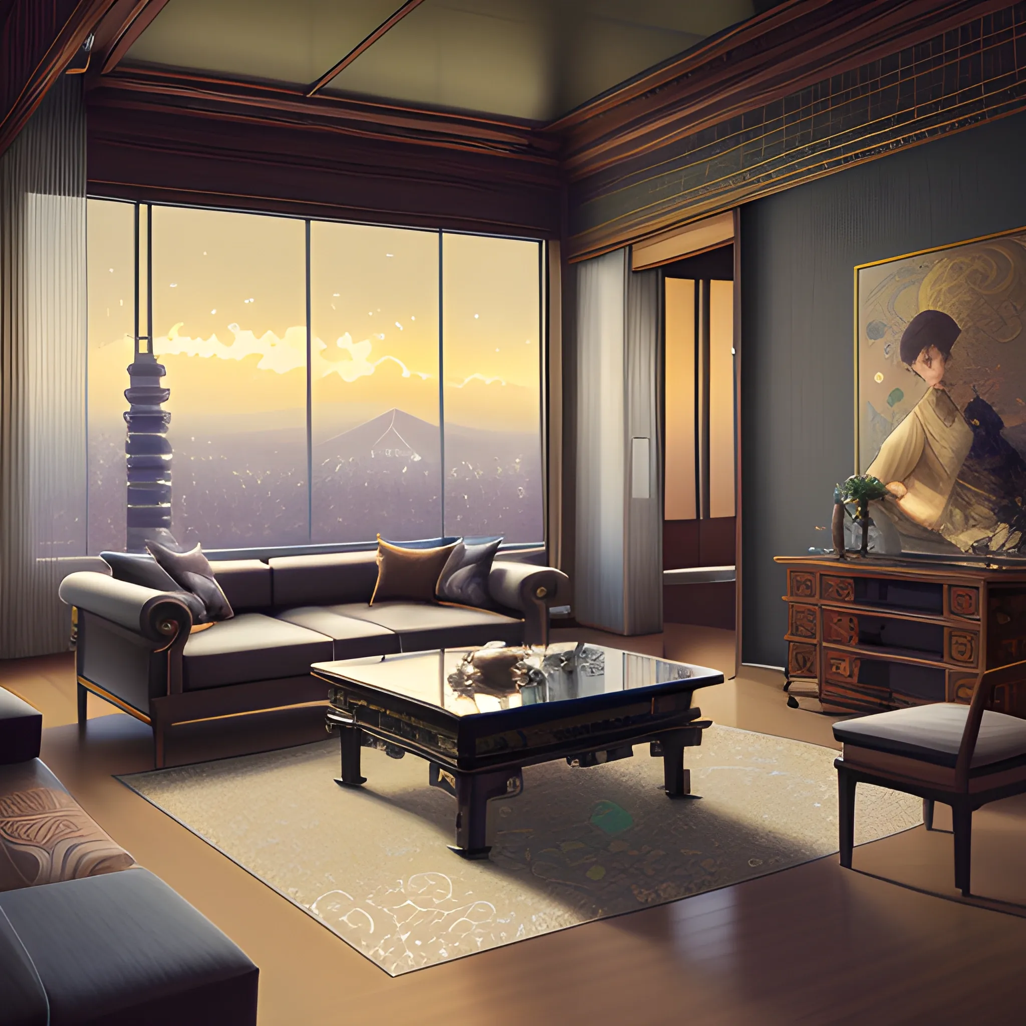 A modern Penthouse living room overlooking Japan, at nighttime, hyperrealistic micro detail, intricate carpet flooring, L.E.D lighting, elegant Alphonse mucha wall art, highly detailed furniture, Centred, digital painting, artstation, smooth, sharp focus, Tomasz Alen kopera, wlop , Paul lehr,