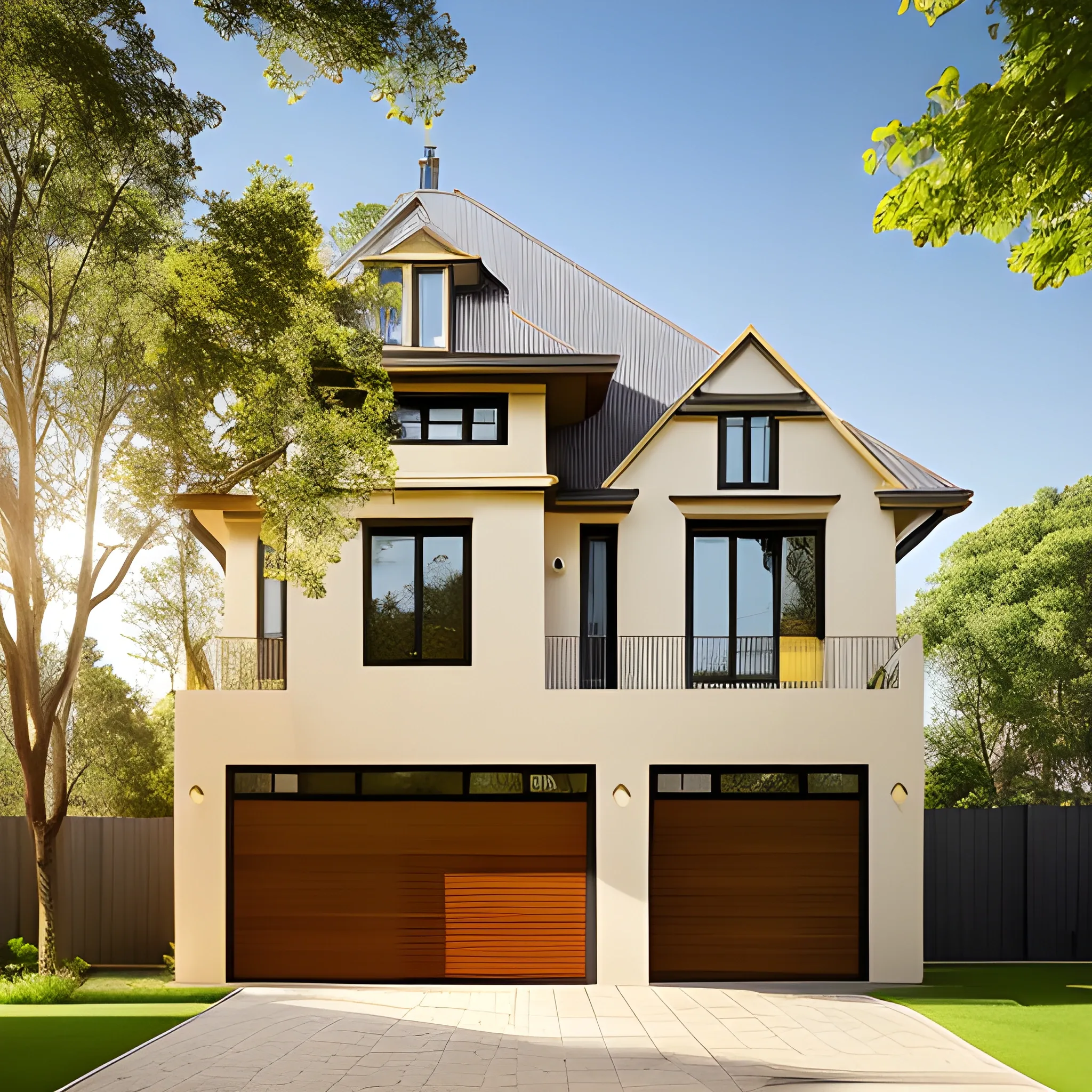 A modern 3-storey house architecture with large driveway, Alphonse mucha brick design, two big gold and alabaster front doors, tree growing on second floor, sunny background
