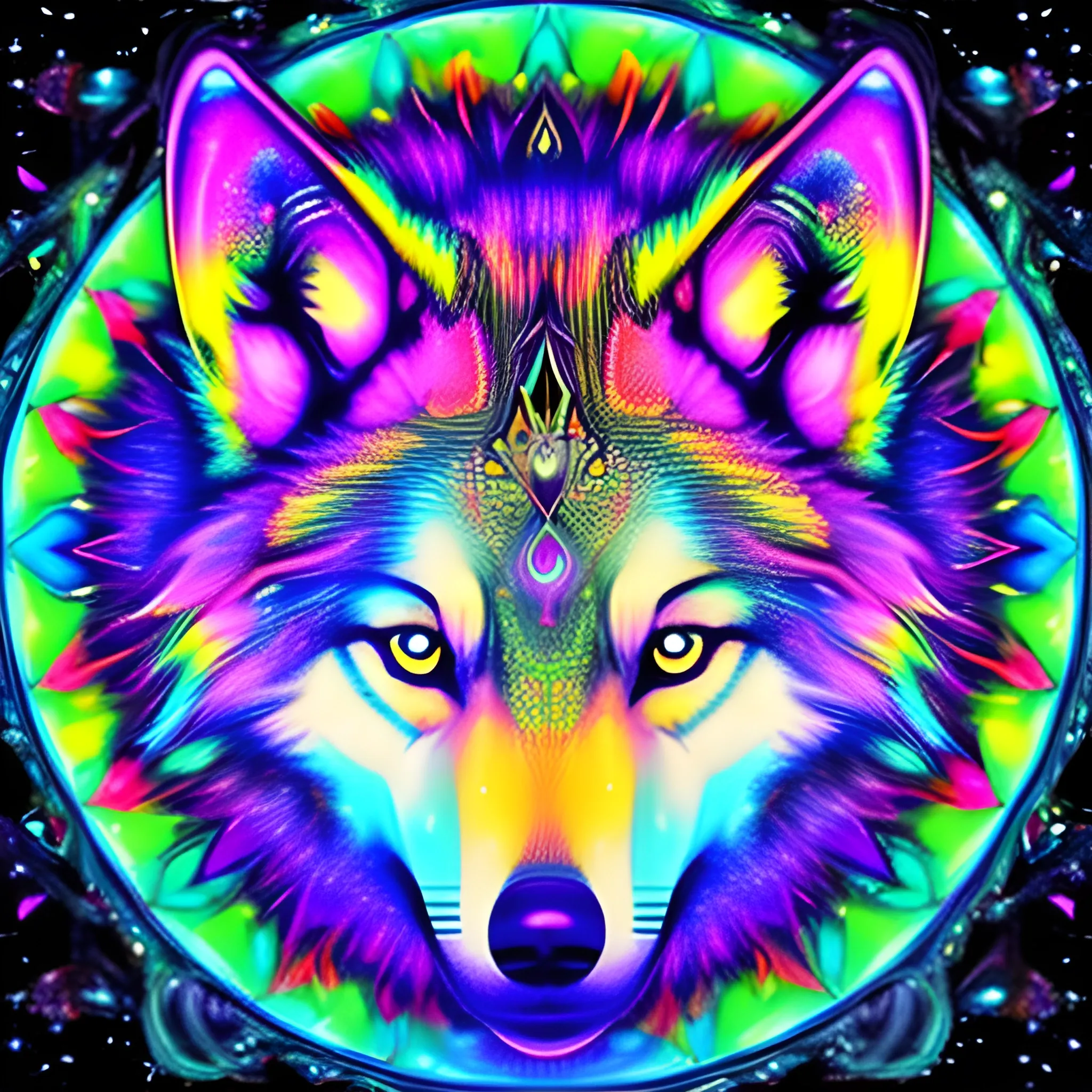 Realistic psychedelic Trippy semi-transparent wolf in a galactic setting, the wolf has a third eye. It's eyes are glowing and opaque. There are mandala shapes radiating from the wolf