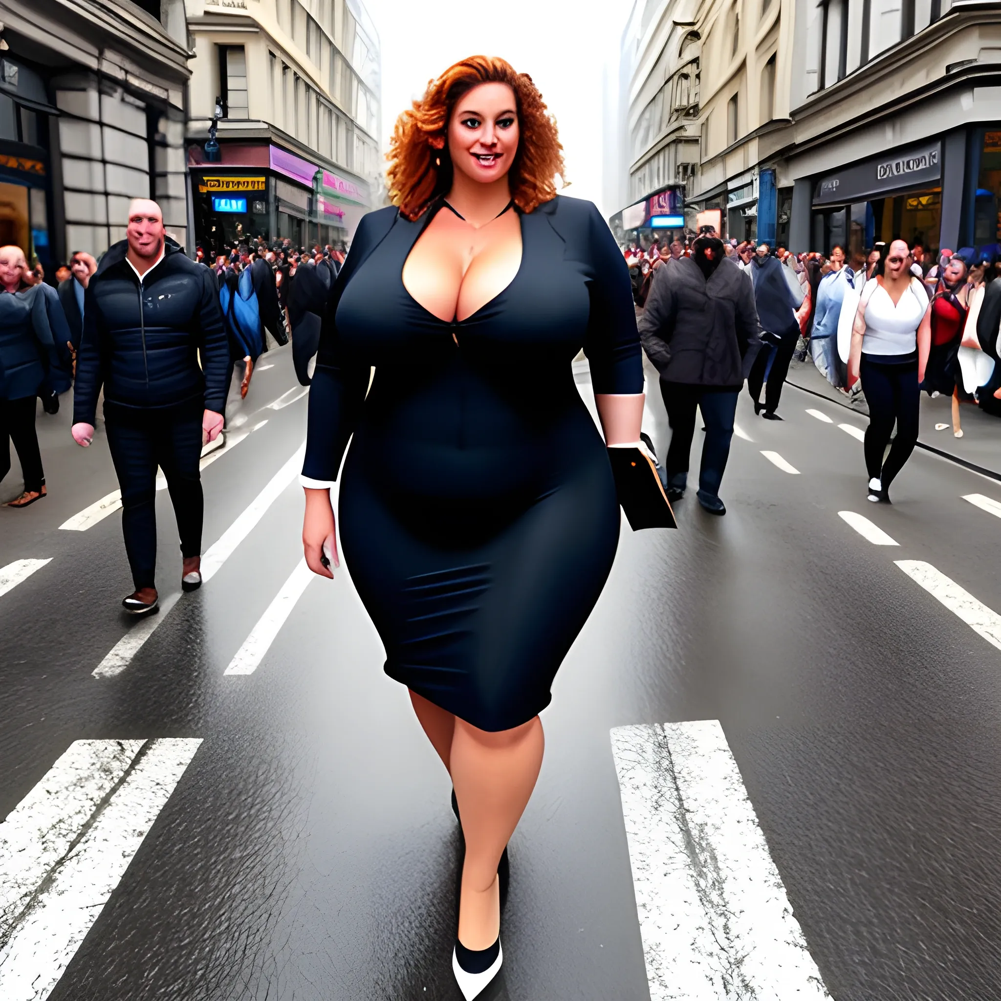 huge thick young blonde girl under clouds towering among pedestrians in a busy street