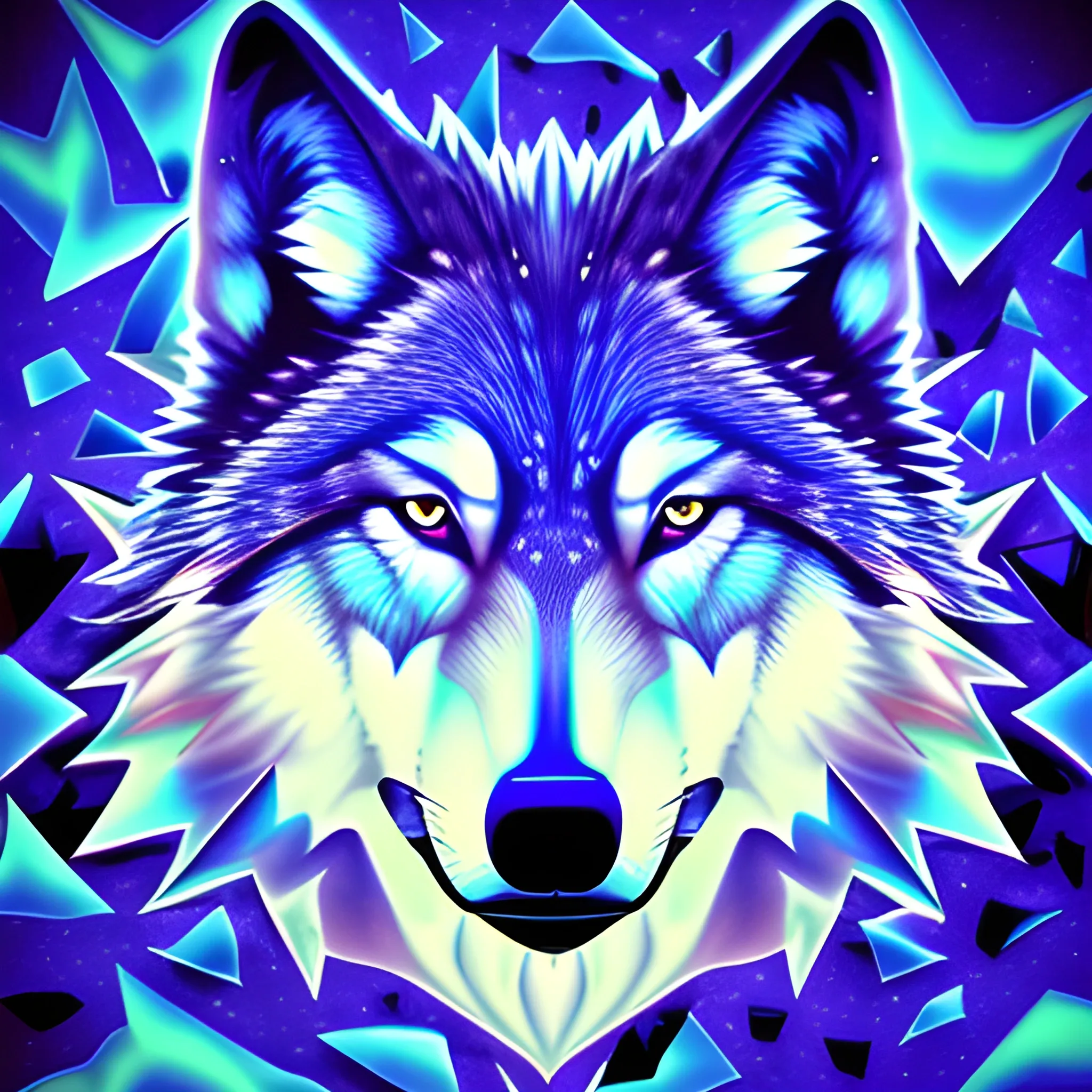 Realistic wolf in a trippy melting style. The wolf has a third eye. 
The bottom of the wolf is shattering into shards of glass