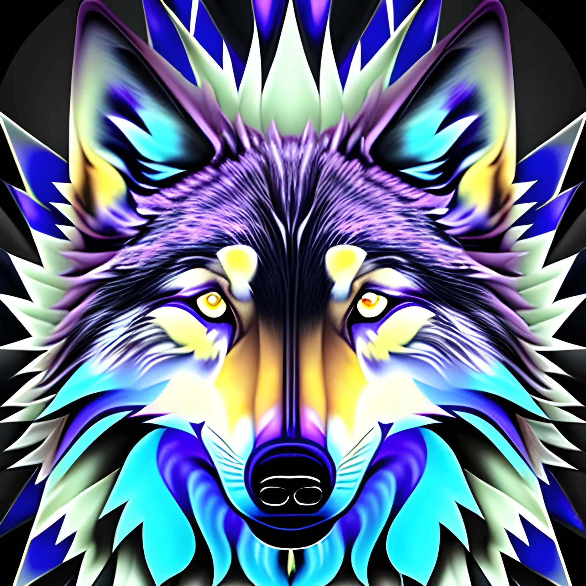 Realistic trippy wolf melting. The wolf has a third eye. 
The bottom of the wolf is shattering into shards of glass