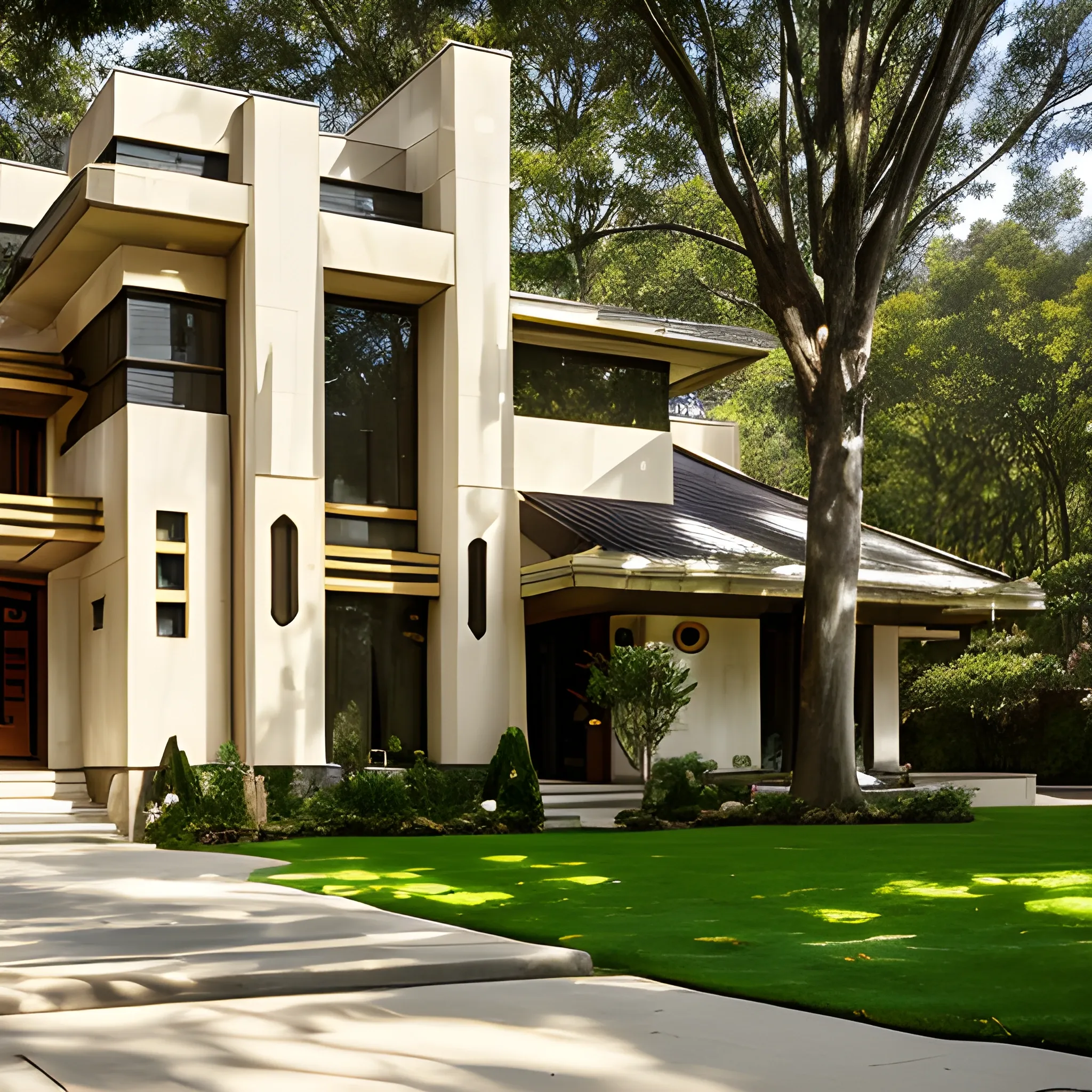 A modern 3-storey house architecture with large driveway, Alphonse mucha brick design, two big gold and alabaster front doors, tall tree growing on front lawn, sunny day. Frank Lloyd wright
