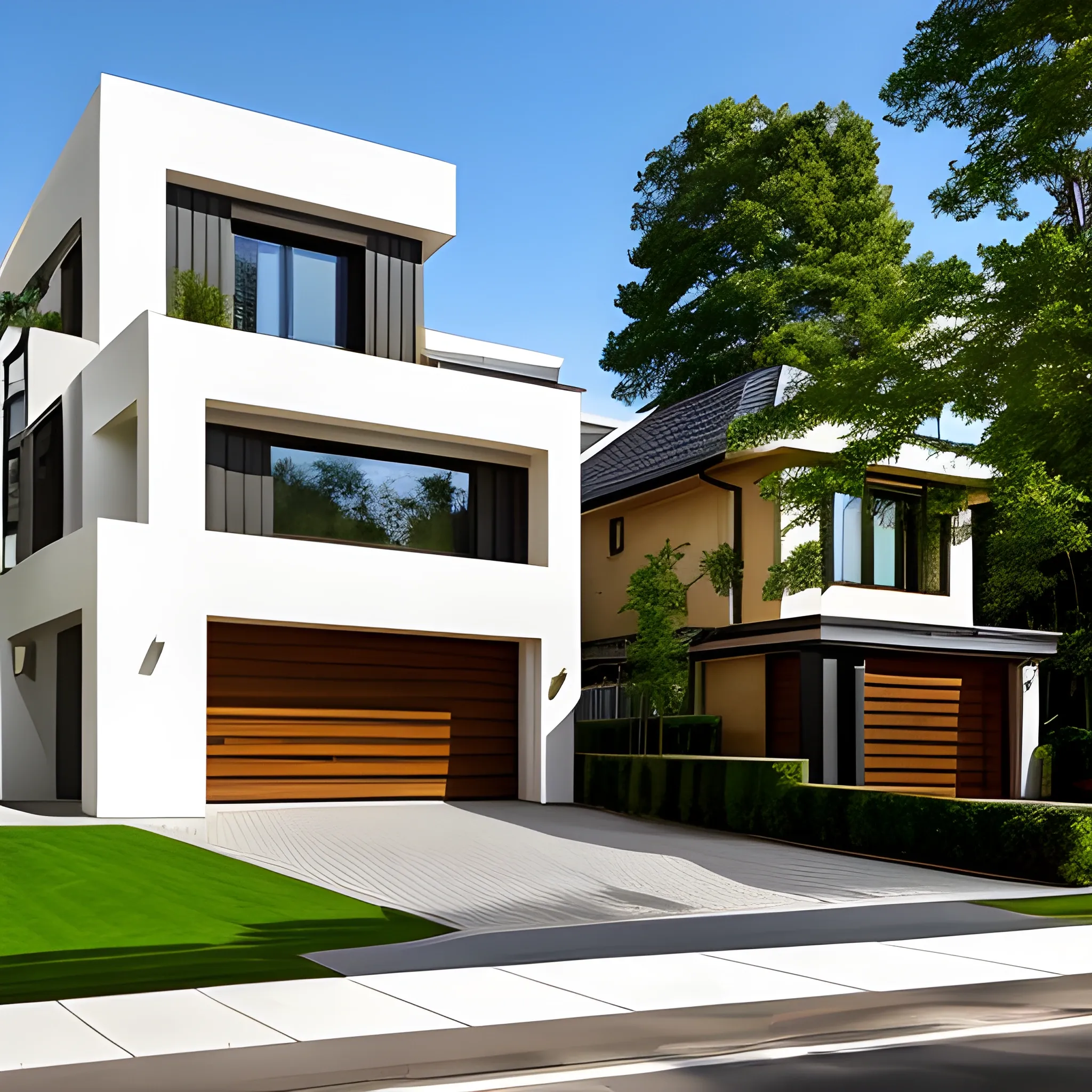 A modern 3-storey house architecture with large driveway, Alphonse mucha brick design, two big gold and White front doors, tall tree growing on front lawn, little fountain, sunny day. Frank Lloyd Wright and Zaha Hadid
