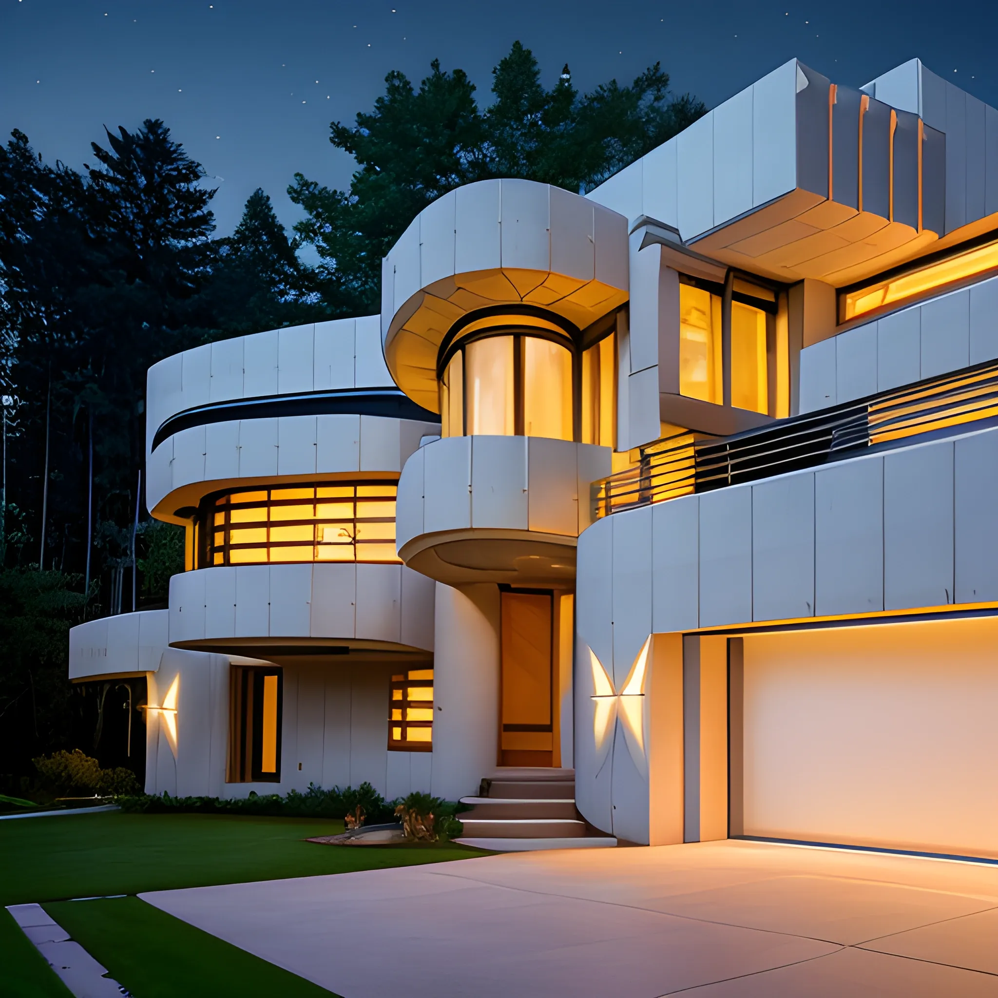 Raw photo Fujiflim XT3 camera front view of A Cyber-punk modern 4-storey house architecture at night, with a large driveway, Alphonse mucha brick designs, double gold and White front doors tall tree growing on side of lawn, starry evening. Frank Lloyd Wright and Zaha Hadid
