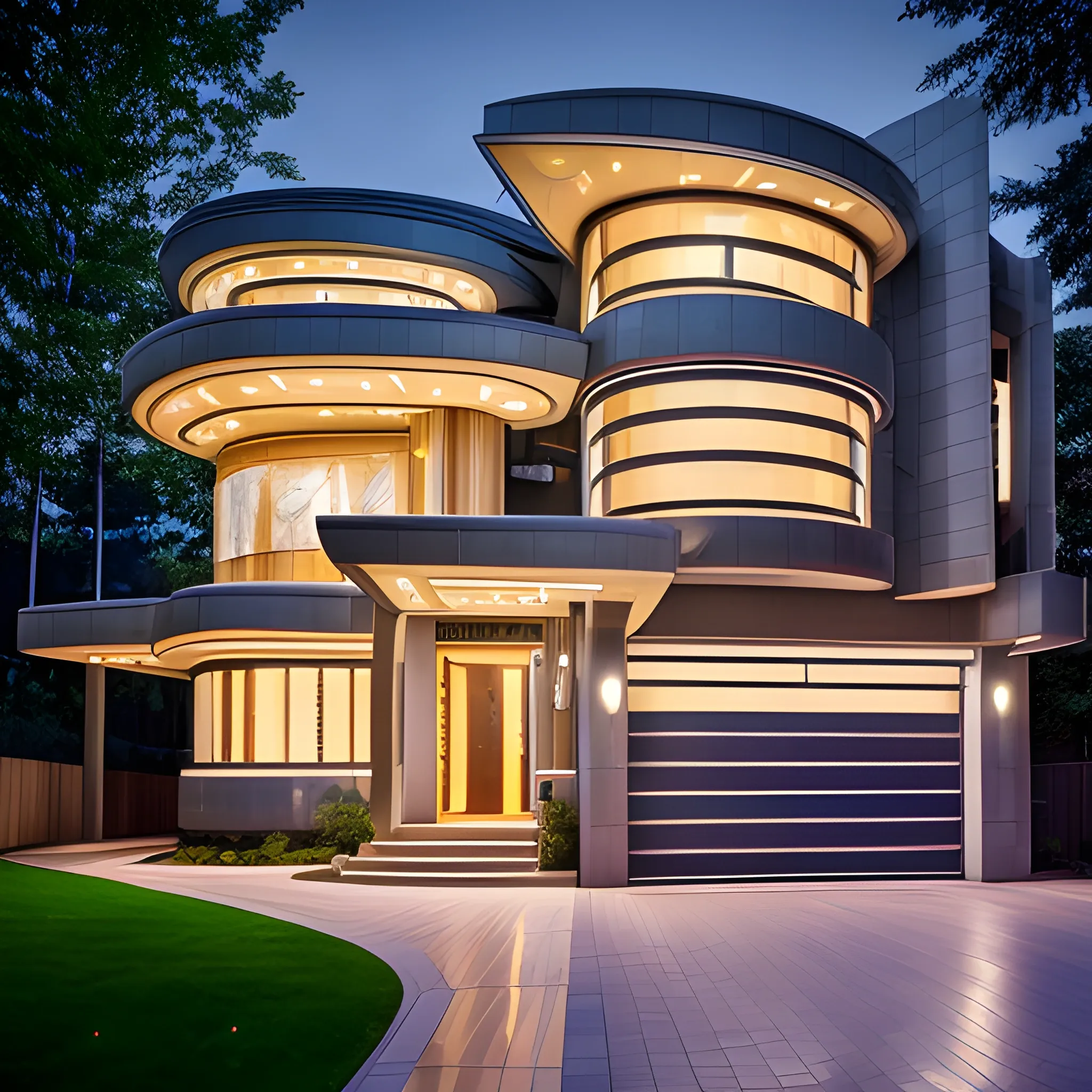 Raw photo Fujiflim XT3 camera front view of A Cyber-punk modern 4-storey house architecture at night, with a large driveway, Alphonse mucha brick designs, double gold and White front doors tall tree growing on side of lawn, starry evening. Frank Lloyd Wright and Zaha Hadid
