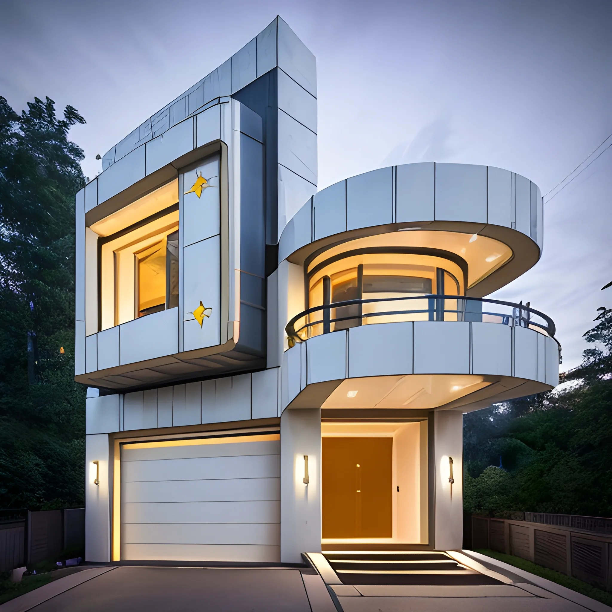 Raw photo Fujiflim XT3 camera front view of A Cyber-punk modern 4-storey house architecture at night, with a large driveway, Alphonse mucha brick designs, double gold and White front doors tall tree growing on side of lawn, starry evening. Zaha Hadid and Alphonse mucha
