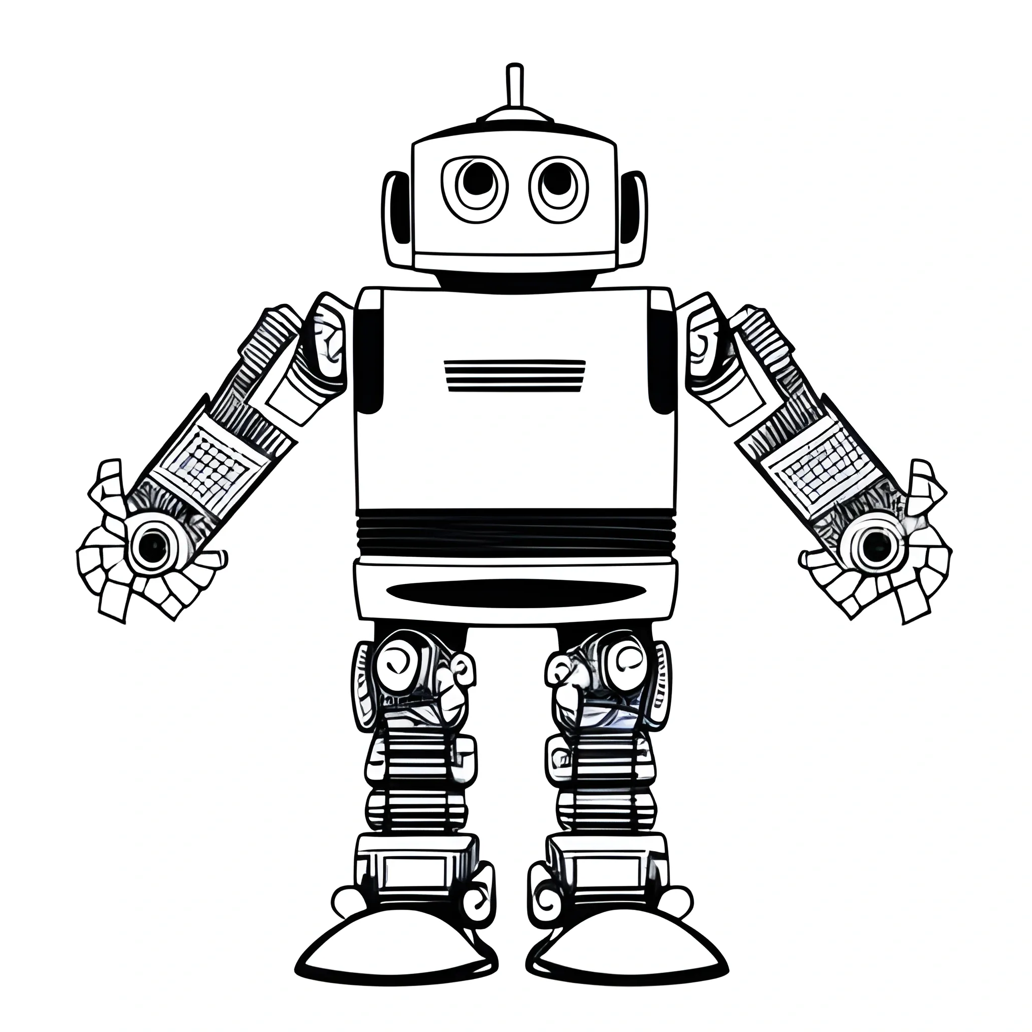 full body, robot coloring book page, white background, coloring style, (((((white background))))), only use outline., line art, clean line art, white background, Pencil Sketch,