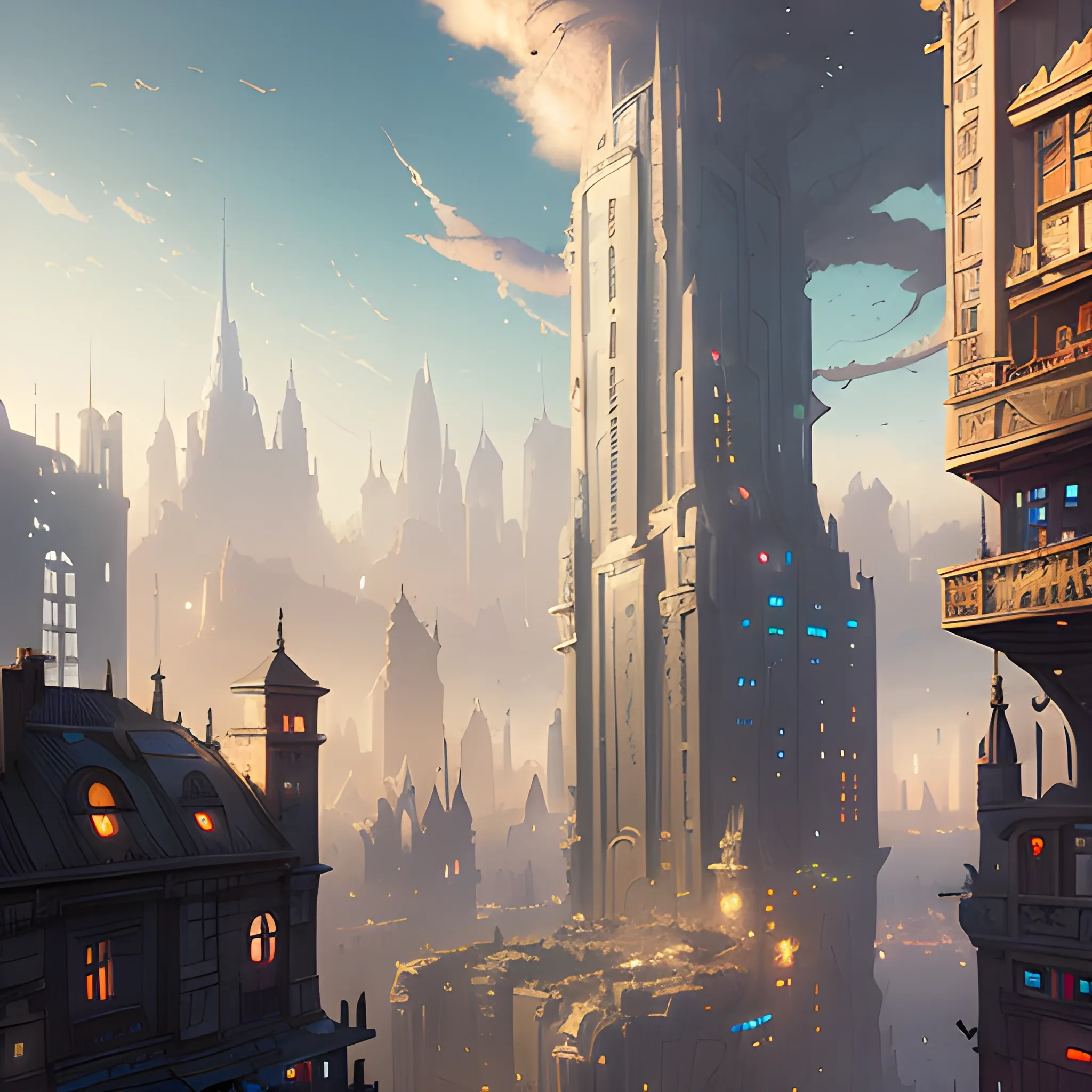 a city with a lot of buildings, a detailed matte painting by Jordan Grimmer, cgsociety, fantasy art, artstyle andree wallin, bastien grivet, matte painting of steam machines