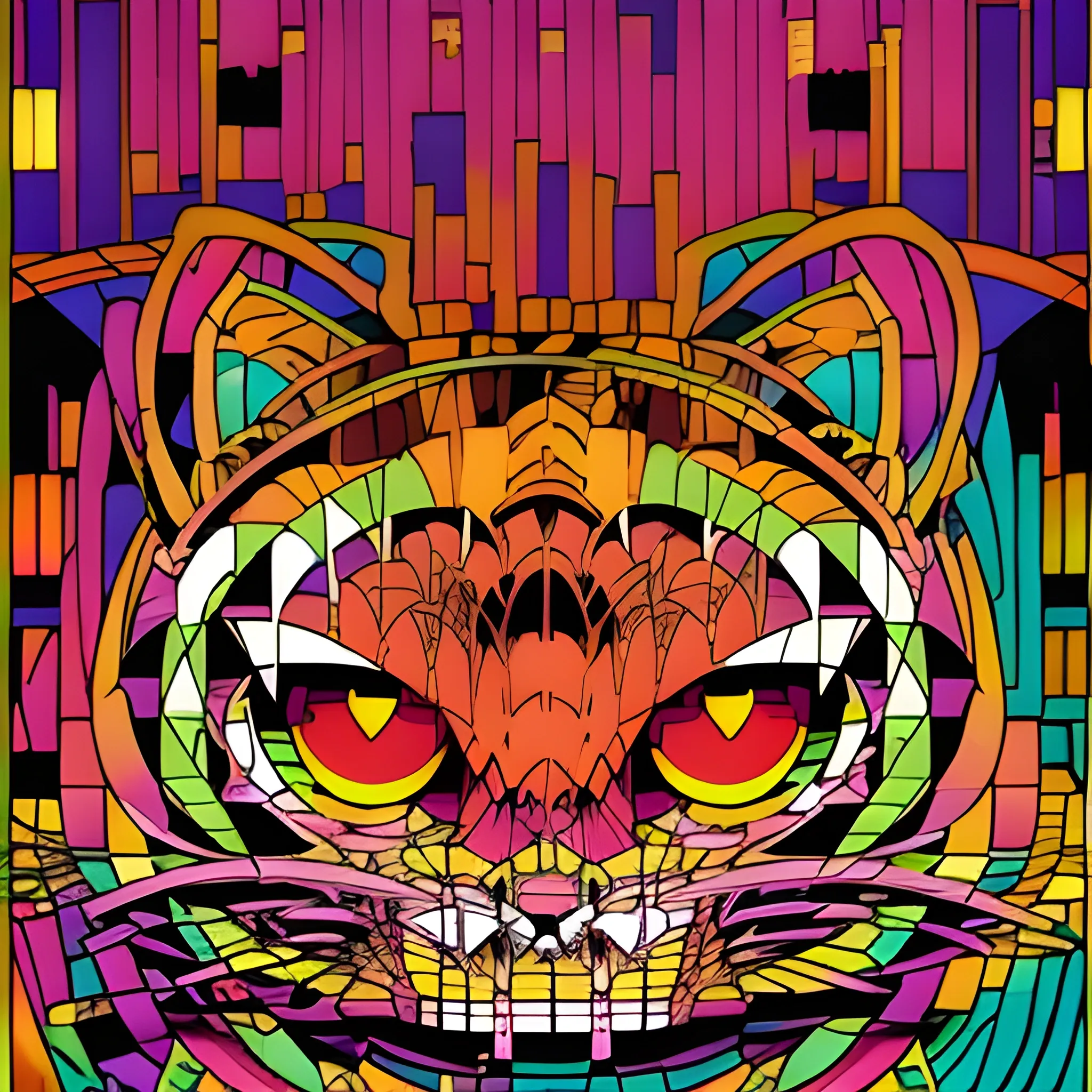 a cat with a pink and green background, comic book's cover, ( ( ( ( ( dan mumford ) ) ) ) ), martin ansin artwork portrait, space cat, by Dan Mumford, beautiful picture of stray, awesome cat, in the style dan mumford artwork, portrait of a lisa frank, cover art of graphic novel, cosmic tiger, cosmic cataclysm, 3D