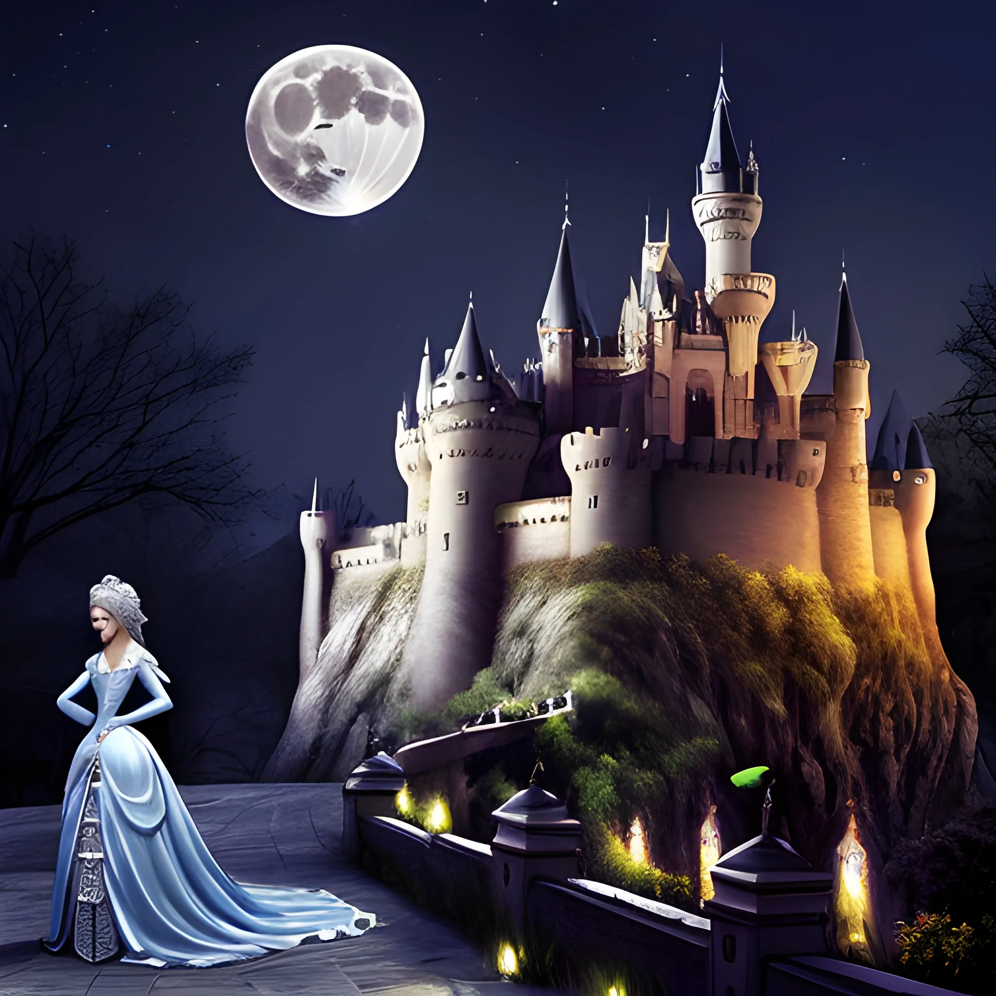 princess with castel in dark night with full moon
