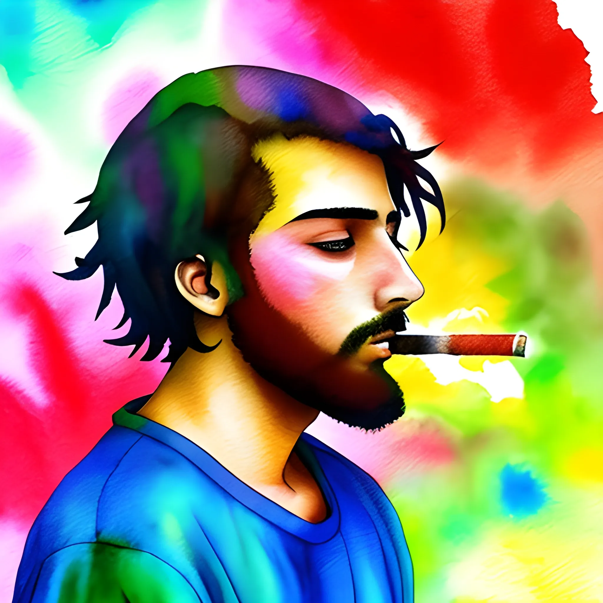 JESÚS HIJO DE DIOS FUMANDO JUKA EN UN AMBIENTE DE HUMO MULTICOLOR, Trippy, Water Color