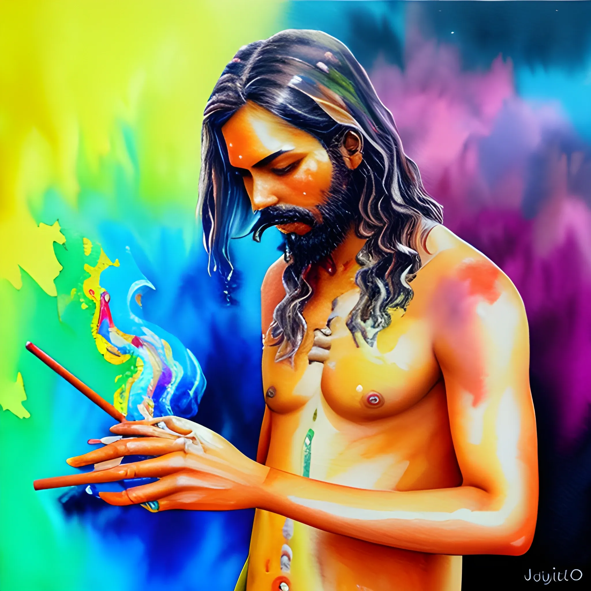 , Oil Painting JESÚS HIJO DE DIOS FUMANDO JUKA EN UN AMBIENTE DE HUMO MULTICOLOR, Trippy, Watercolor