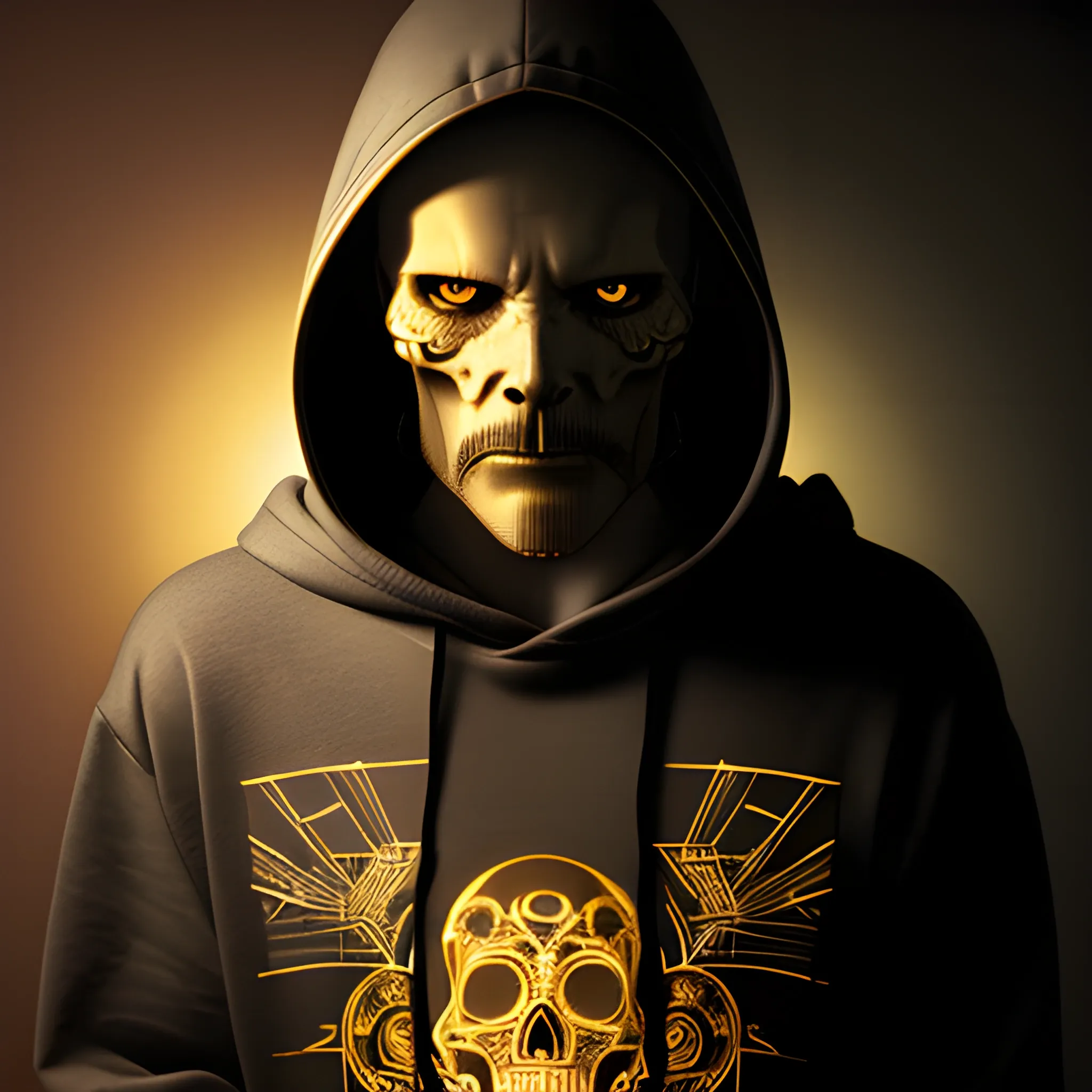 Raw photo using a 35 mm camera, eye to eye shot angle of a man with gold skull in a black hoodie, intricate thread pattern, Chiaroscuro lighting, Retrofuturism style, plain dark grey background, hyperrealistic, art by Paul Lehr, Greg Rutkowski and Tom Bagshaw