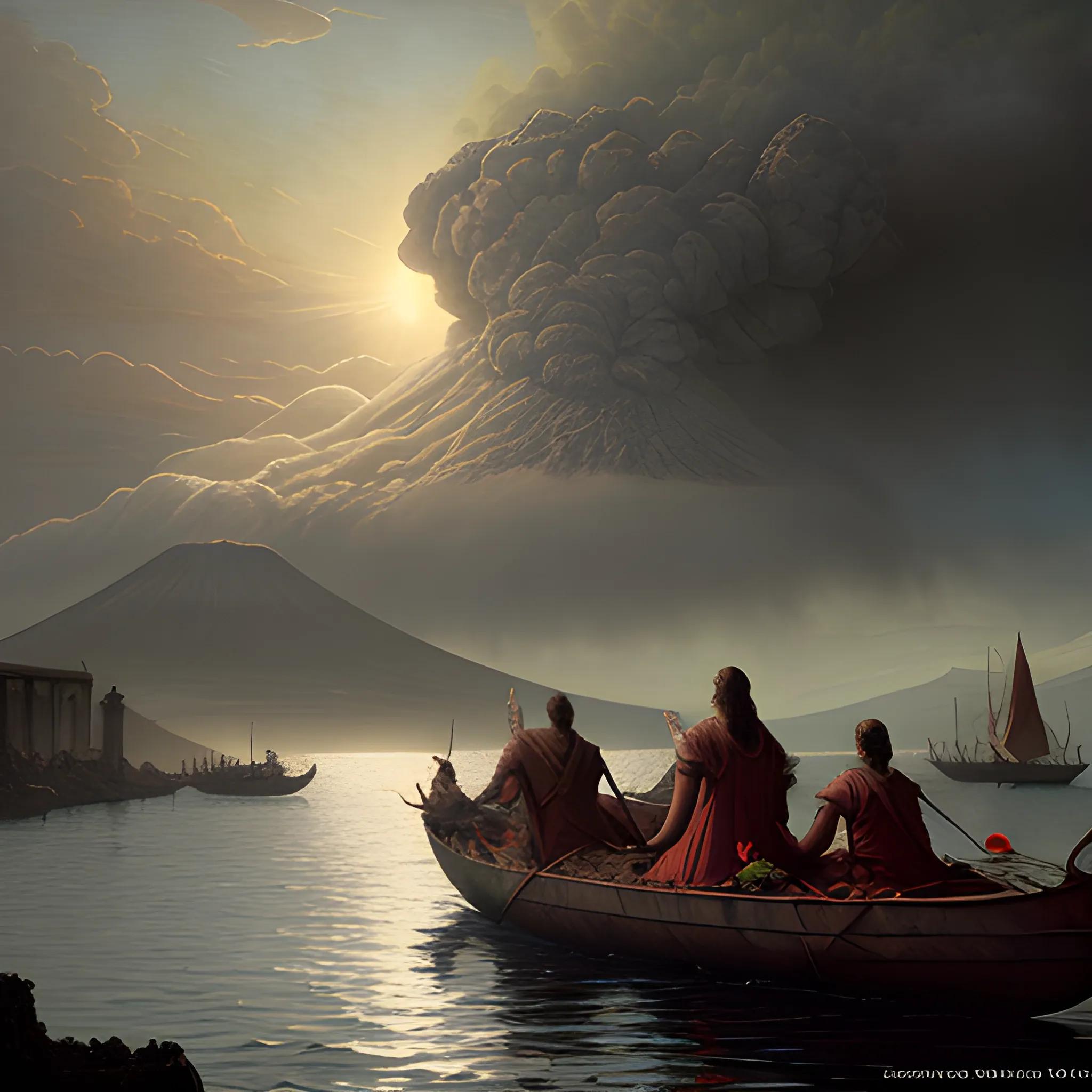 Raw photo using a 35 mm camera, long-angle shot of Mount Vesuvius erupting as people escape on row boats, dark gothic clouds partially covered sun, fantasy style art by Sanford Robinson Gifford and Tom Bagshaw 