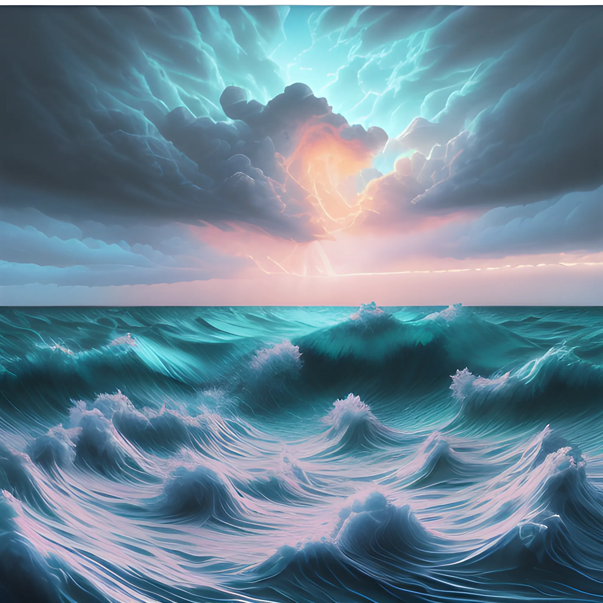 surrealism painting of turbulent sea and fluffy clouded evening sky by mario martinez, part by tokio aoyama, ultra realistic, highly detailed, hypermaximalist, pastel colors, epic, Chiaroscuro lighting, masterpiece, dramatic lighting, fractals, 8 k, depth of field