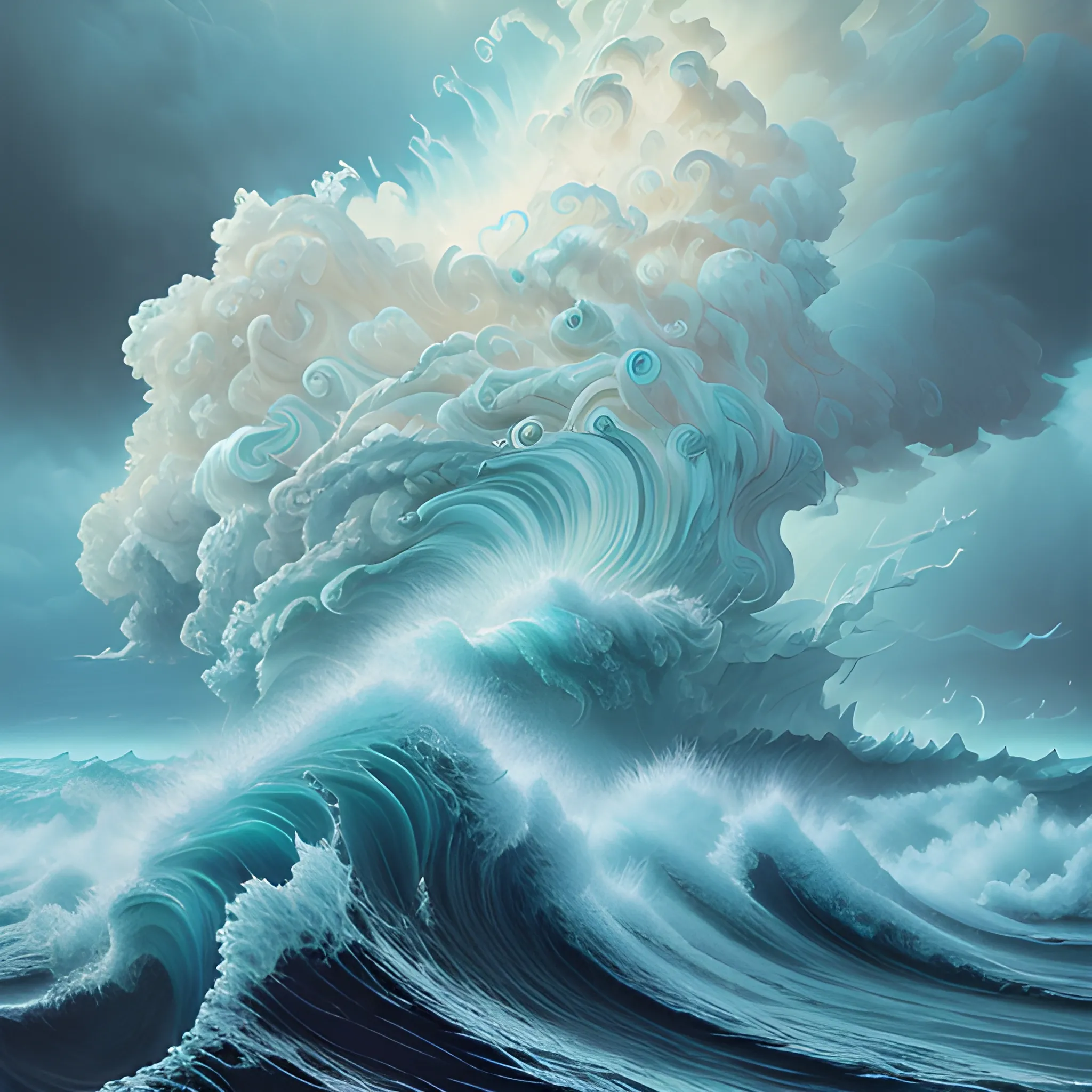 surrealism painting of turbulent sea and fluffy distorted clouded evening sky shaped like a warrior 
by mario martinez, part by tokio aoyama, ultra realistic, highly detailed, hypermaximalist, pastel colors, epic, Chiaroscuro lighting, masterpiece, dramatic lighting, fractals, 8 k, depth of field, Karol Bak brush strokes