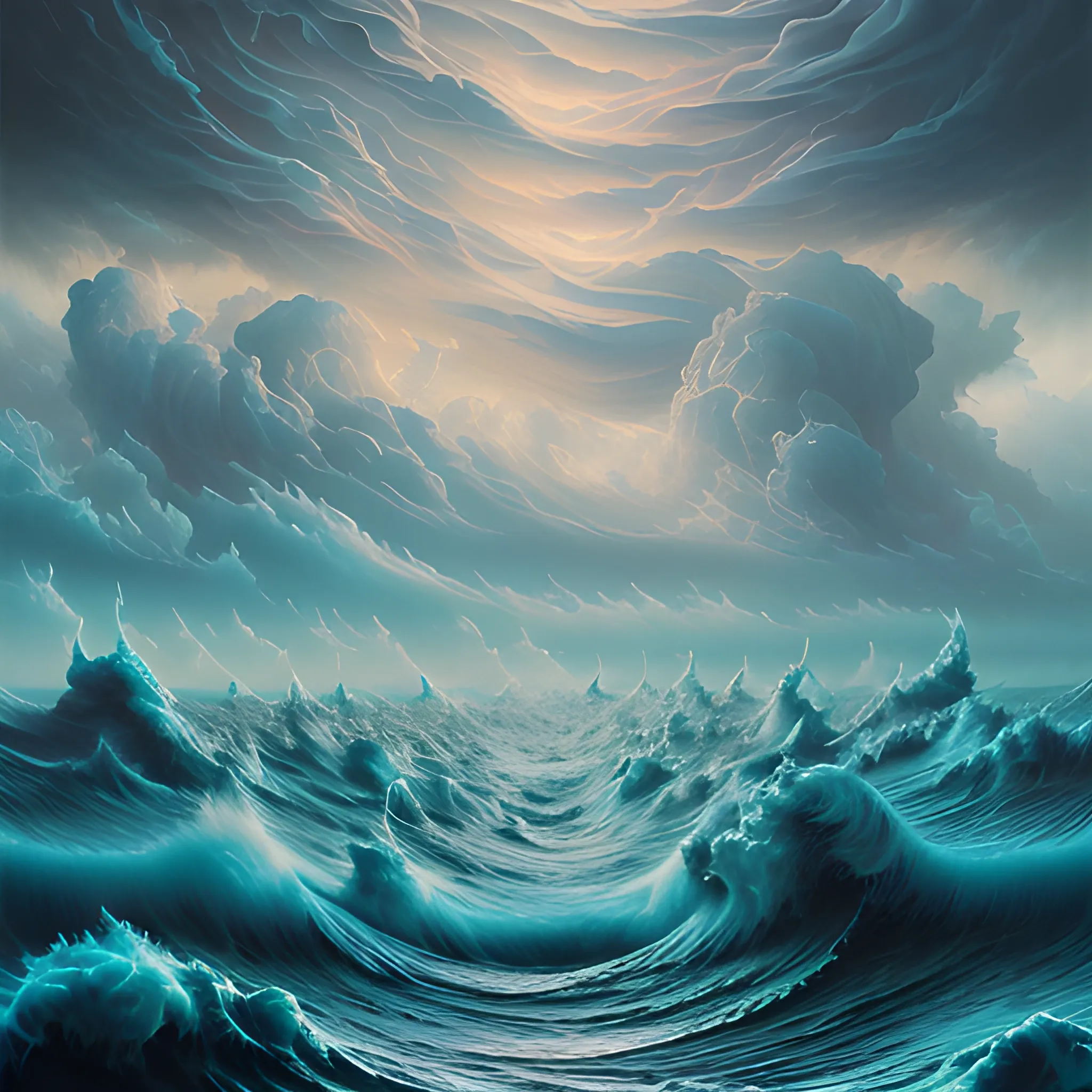 surrealism painting of turbulent sea and fluffy distorted clouded evening sky shaped like a wolves 
by mario martinez, part by tokio aoyama, ultra realistic, highly detailed, hypermaximalist, pastel colors, epic, Chiaroscuro lighting, masterpiece, dramatic lighting, fractals, 8 k, depth of field, Karol Bak brush strokes