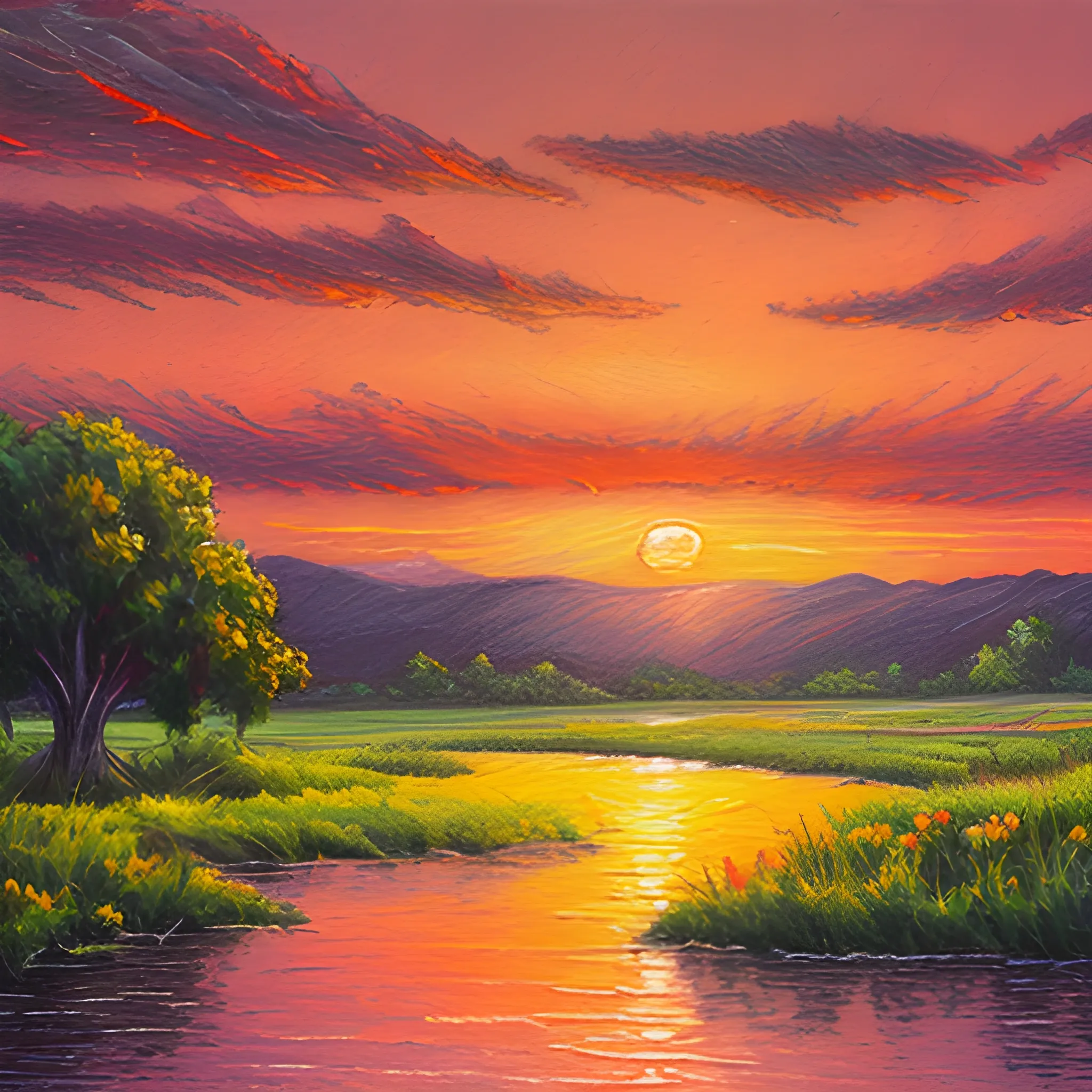 Sunset landscape painting, oil painting style, Pencil Sketch
