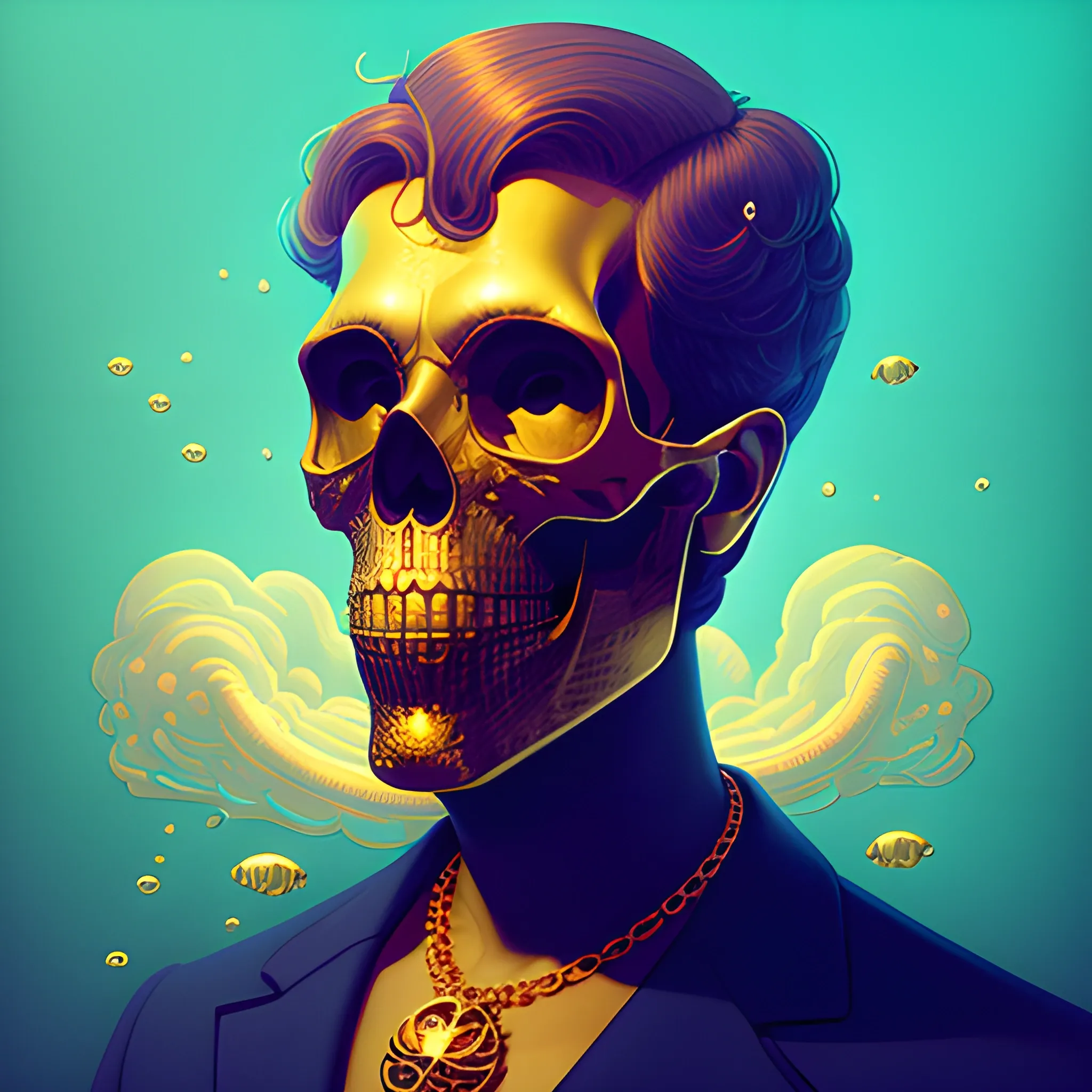 Skull face man with gold necklace, Nouveau underwater by Tom Bagshaw and petros afshar, Ross Tran, tom whalen, Linework, underwater bubbly psychedelic clouds, Anna Dittmann, Anaglyph 3d art