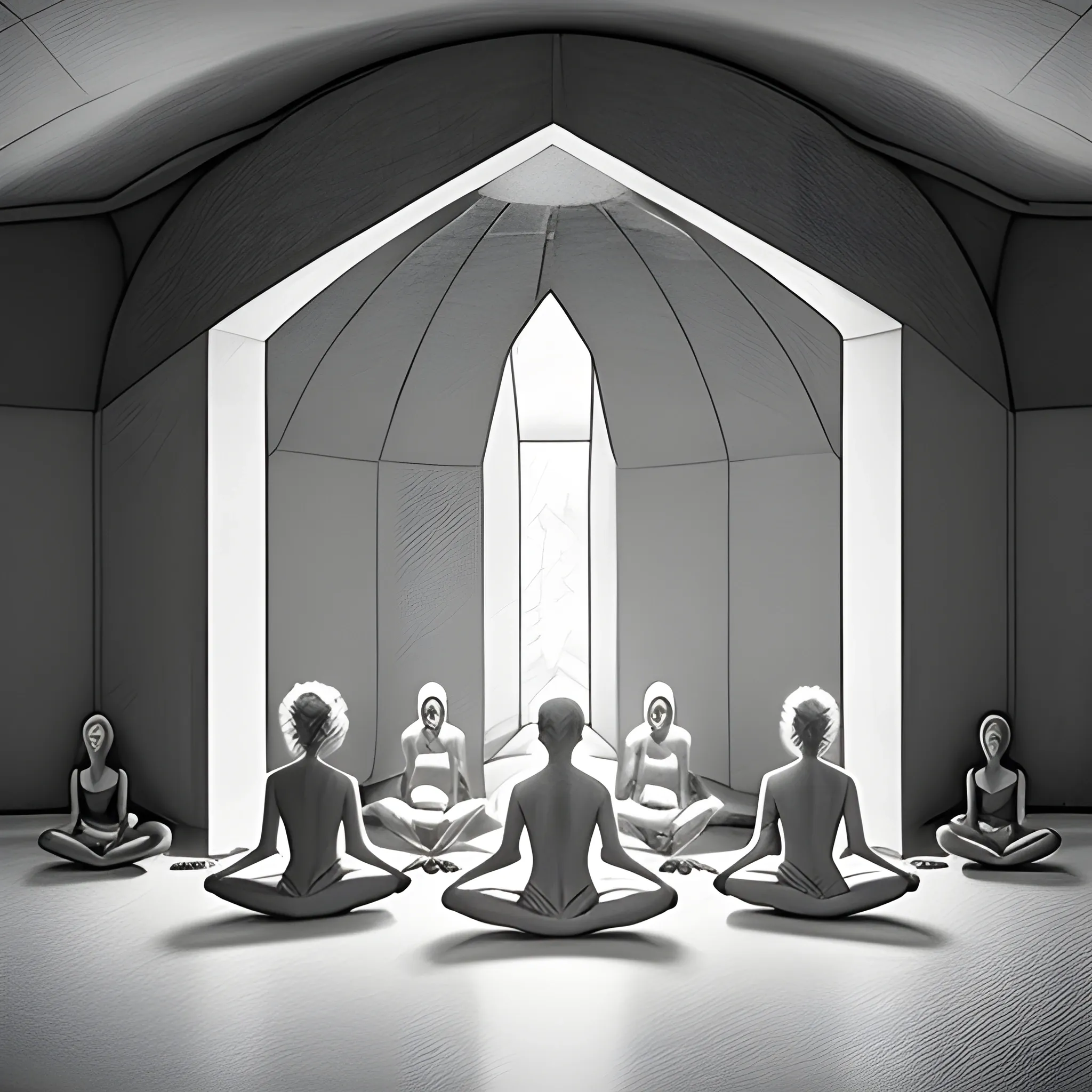 humans meditating inside a siloist meditation hall, Pencil Sketch