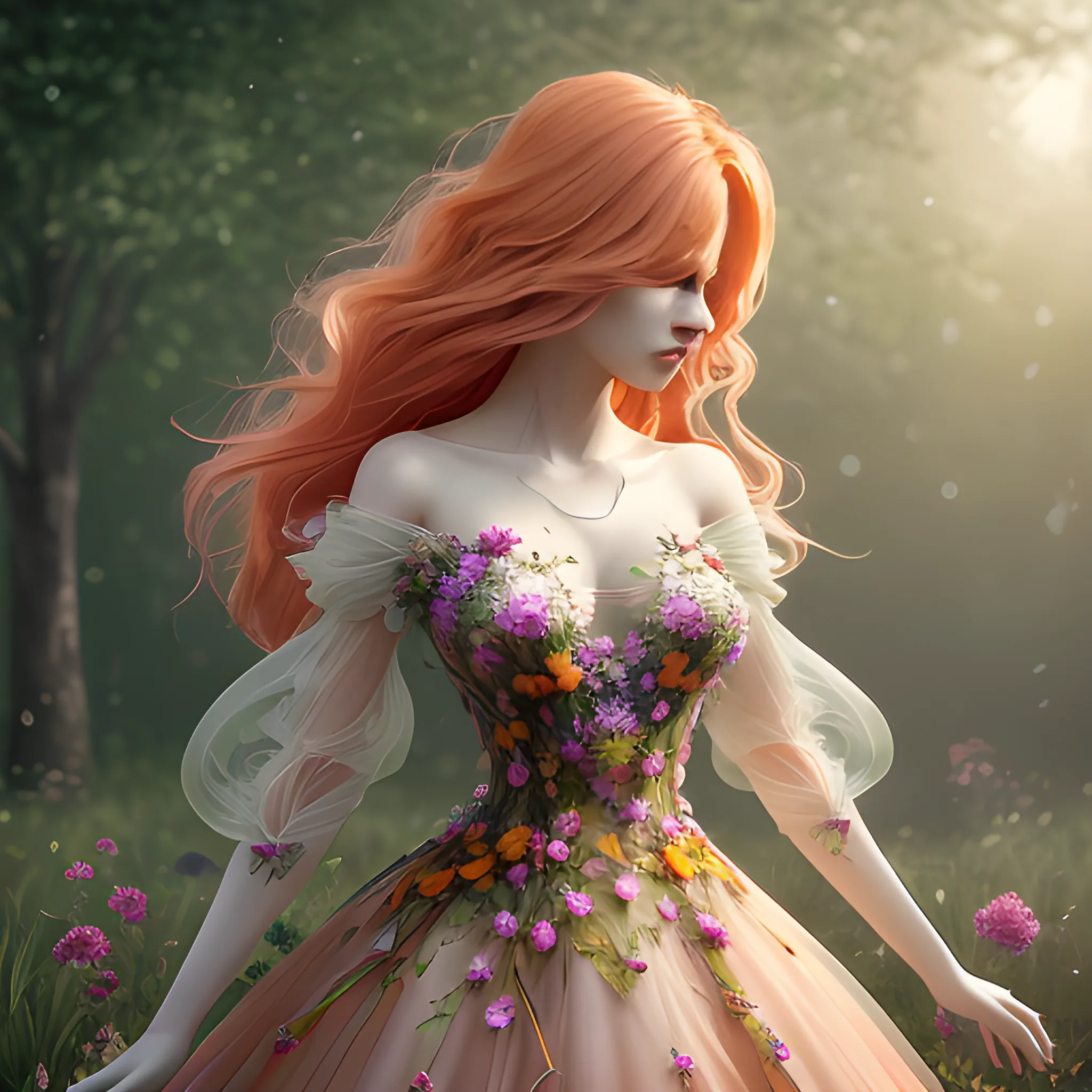 a beautiful woman, peach hair, Surrounded by trees, see-through dress, hair exploding into multicolored flowers, finely detailed features, intricate brush strokes, beautiful lighting,  Cinematic, Color Grading, Depth of Field, intricate details, Unreal Engine, Character Concept Art, creative, expressive, stylized anatomy, digital art, 3D rendering, unique, award-winning, Adobe Photoshop, 3D Studio Max, well-developed concept, distinct personality, consistent style, HW*