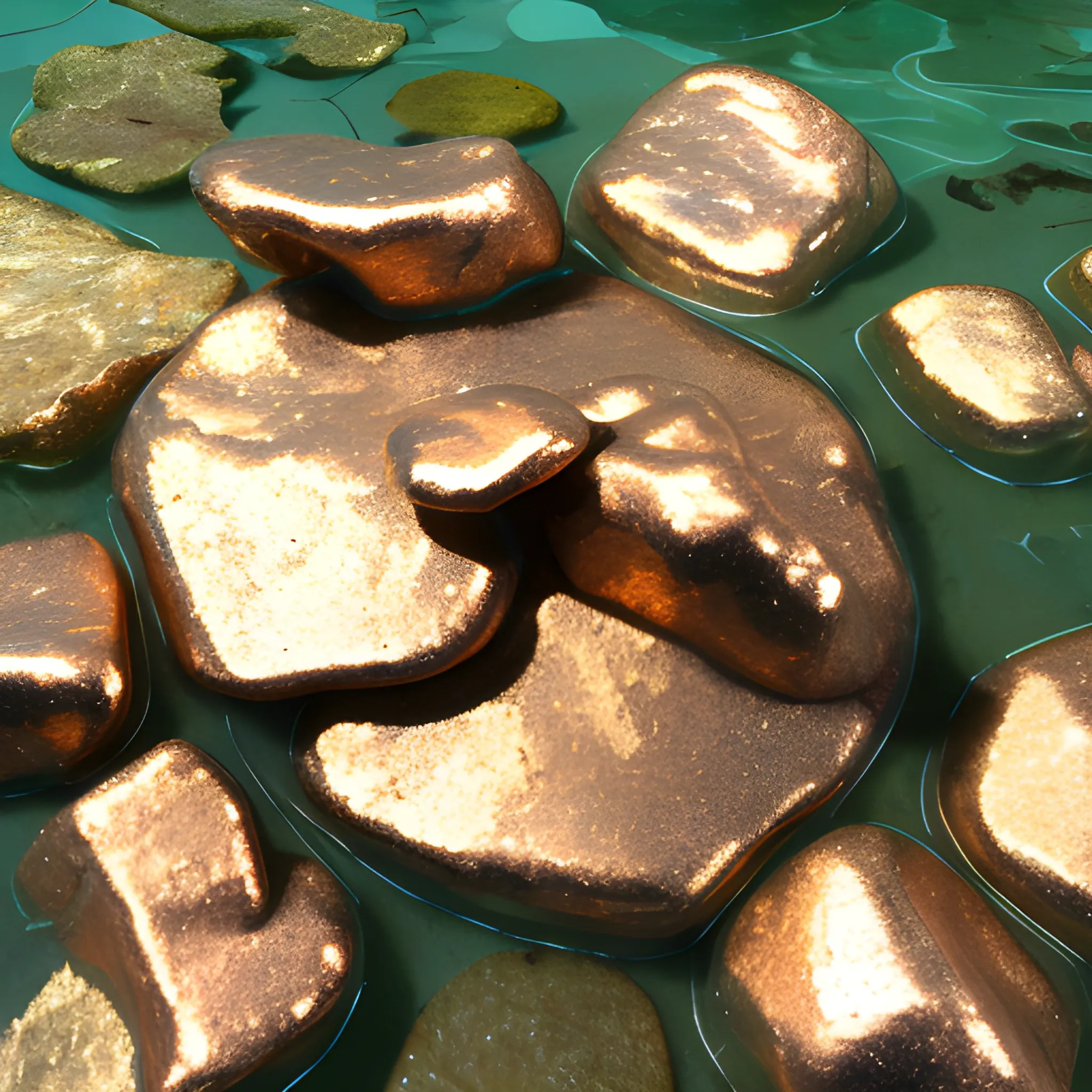 copper nuggets gleaming in the water