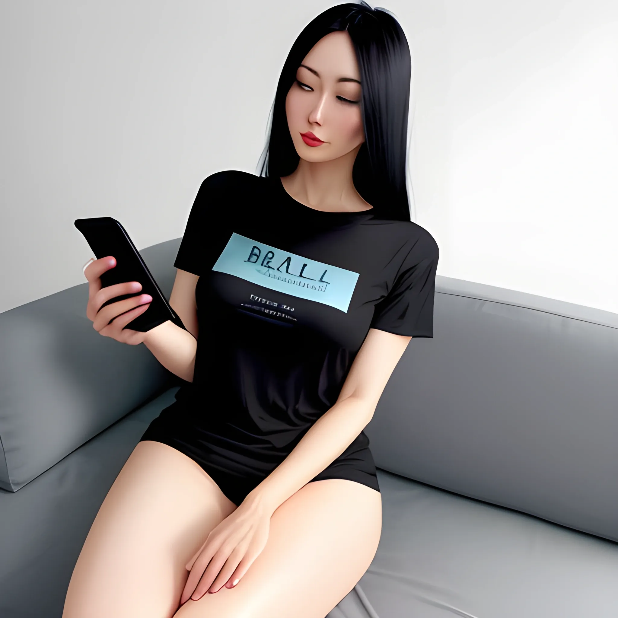A girl with naked legs chill on sofa. Right leg on the left and smartphone on the right hand, black long hair, light blue t-shirt and black short